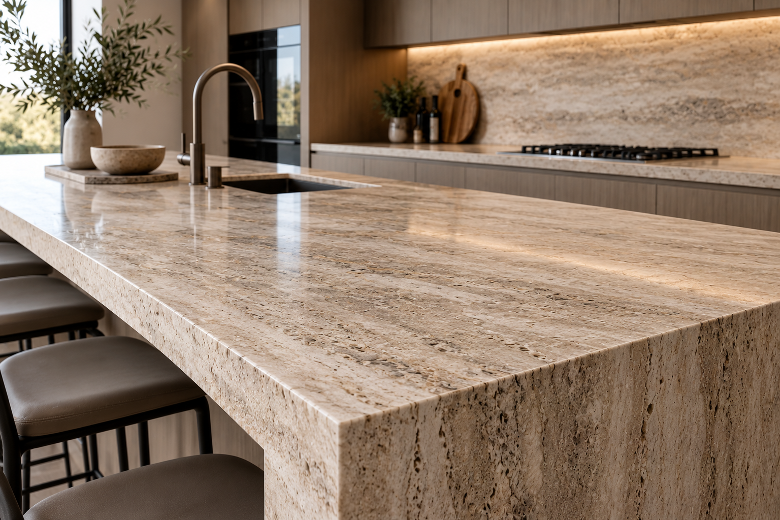 Modern kitchen with a large natural stone island, undermount sink, bar stools, wood cabinets, and gas cooktop