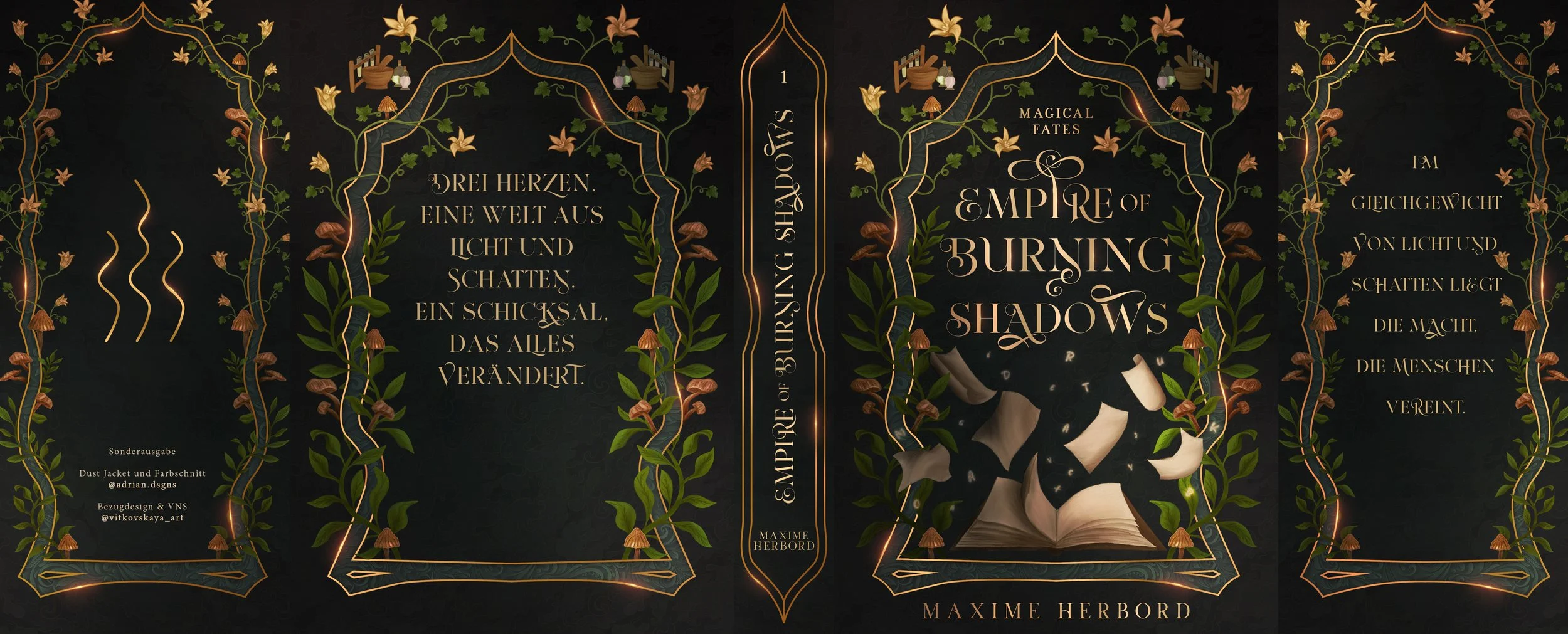 Ornate fantasy book cover and dust jacket design for “Empire of Burning Shadows” by Maxime Herbord, featuring gold botanical borders, flowers, mushrooms, and an open magical book.