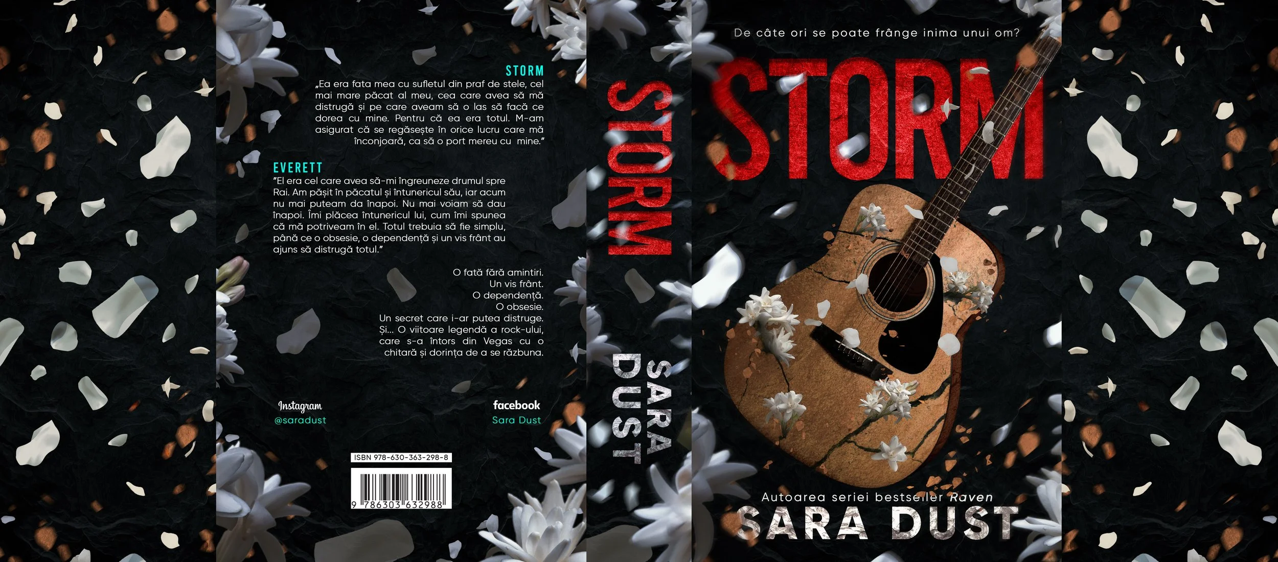 Romanian novel cover for “Storm” by Sara Dust, featuring a cracked acoustic guitar surrounded by white flowers and scattered petals on a dark background.