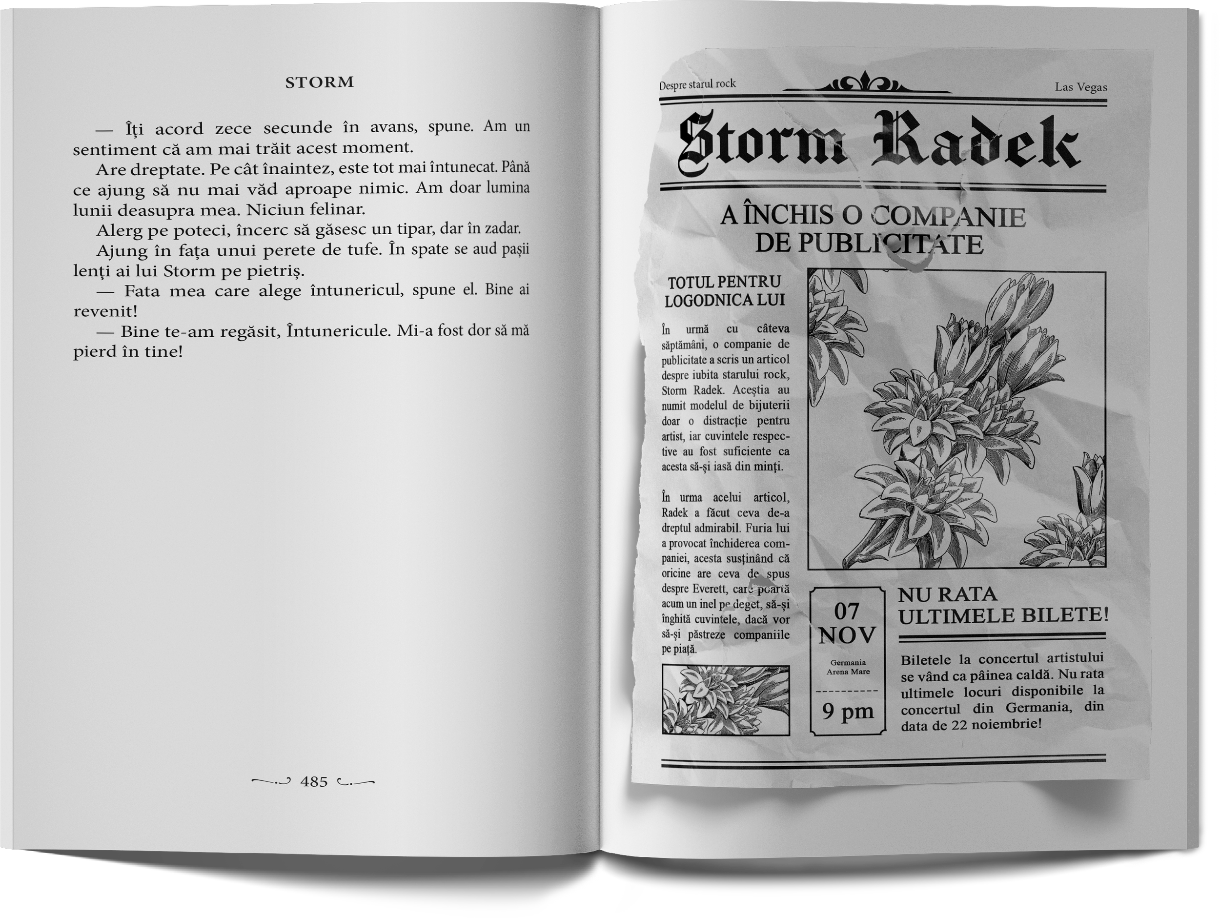 Open Romanian-language book showing a chapter titled “Storm” and a mock newspaper advertisement for rock star Storm Radek’s concert.