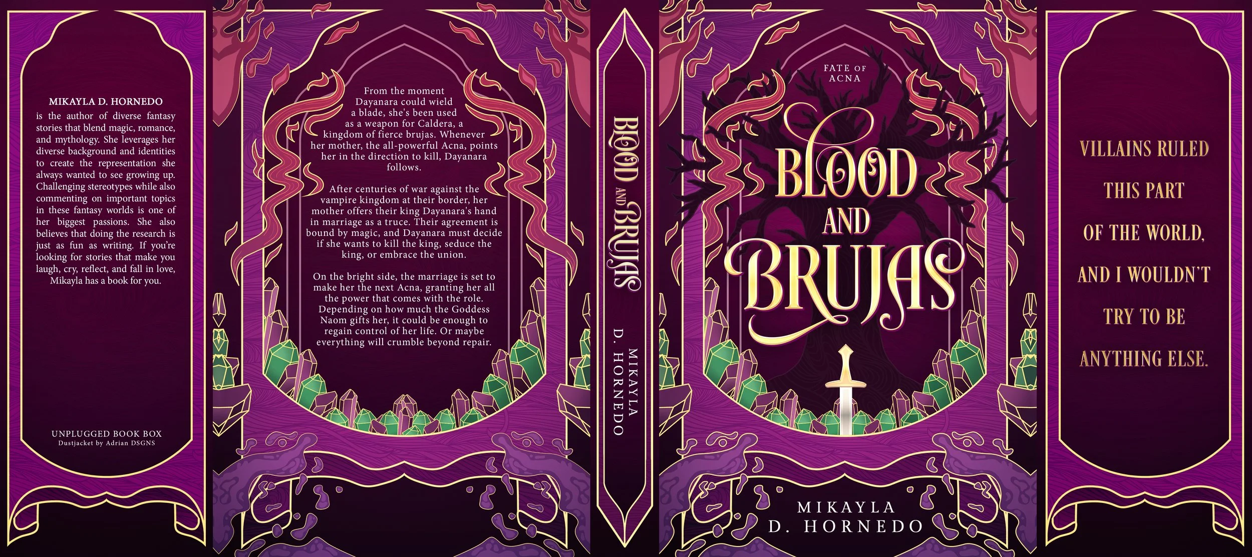 Full fantasy book cover spread for Blood and Brujas by Mikayla D. Hornedo, featuring ornate purple and gold designs, crystals, vines, and a sword.