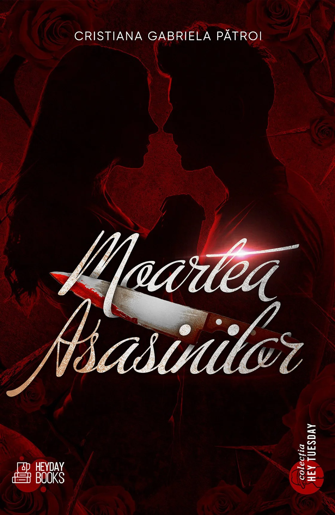Book cover for “Married to a Serial Killer” by Cristiana Gabriela Pătroi, featuring two silhouetted faces, red roses, and a blood-stained knife.