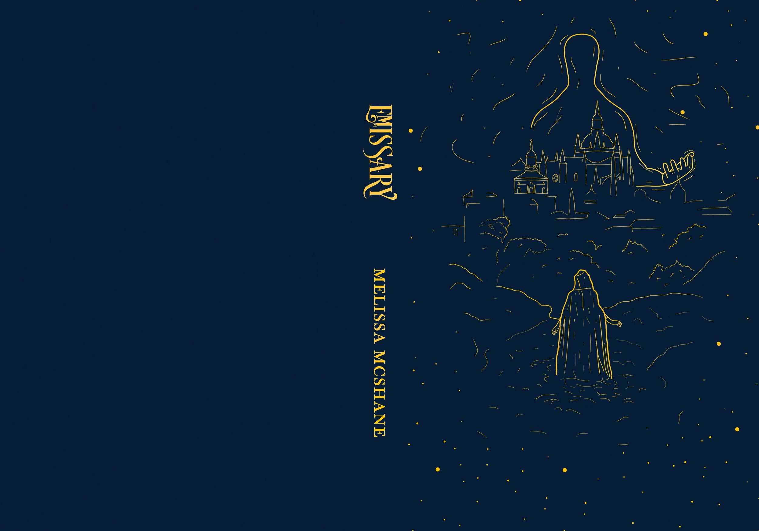 Dark blue book cover with gold line art of a robed figure, fantasy castle, stars, and vertical text reading “EMISSARY” and “MELISSA MCSHANE.”