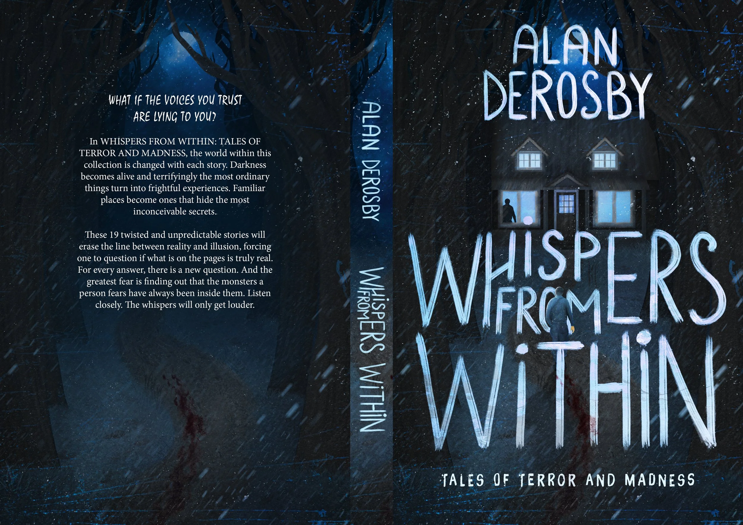 Dark horror book cover and jacket for “Plan Derosby: Whispers from Within,” featuring an ominous house, shadowy forest, and silhouetted figures.