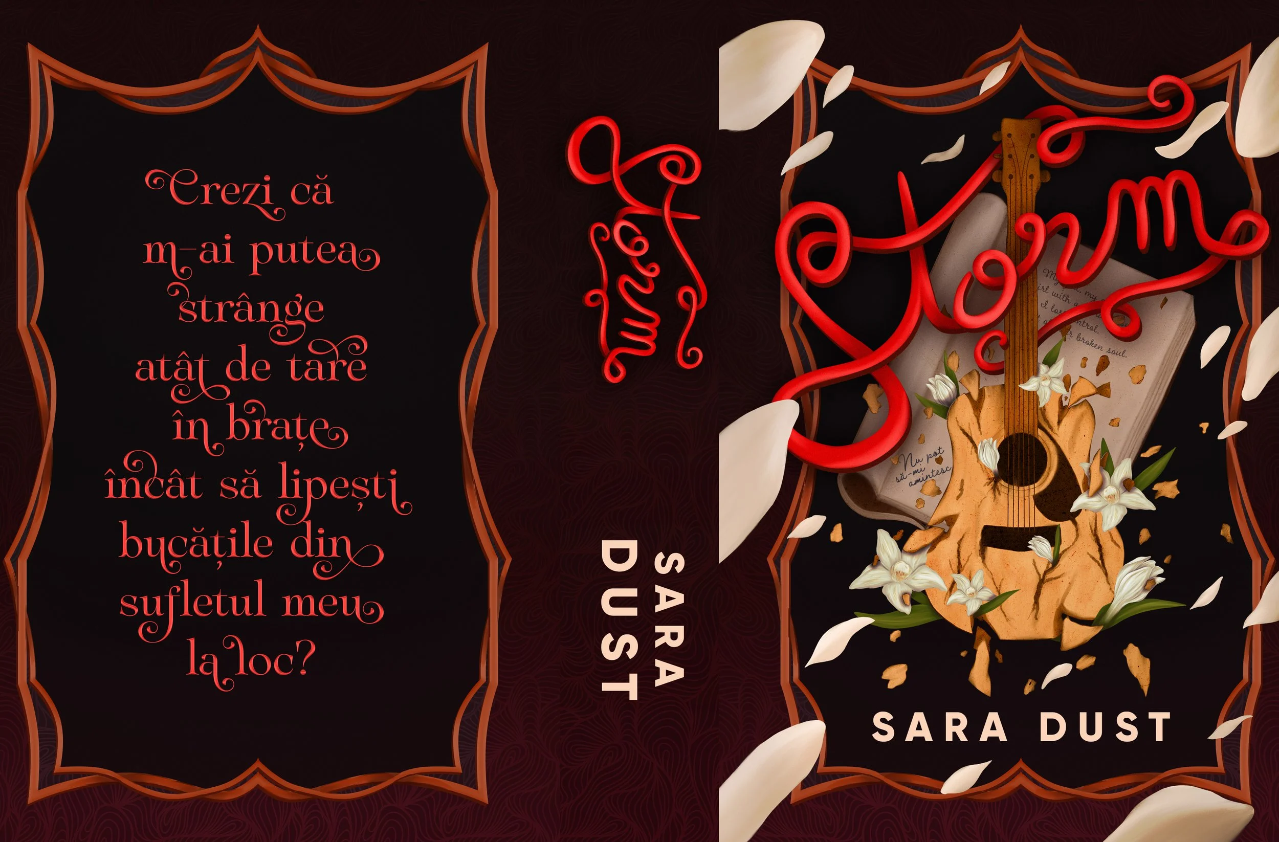 Dark decorative book cover design with Romanian text, red ornamental lettering, a violin, handwritten pages, white flowers, and the author name Sara Dust