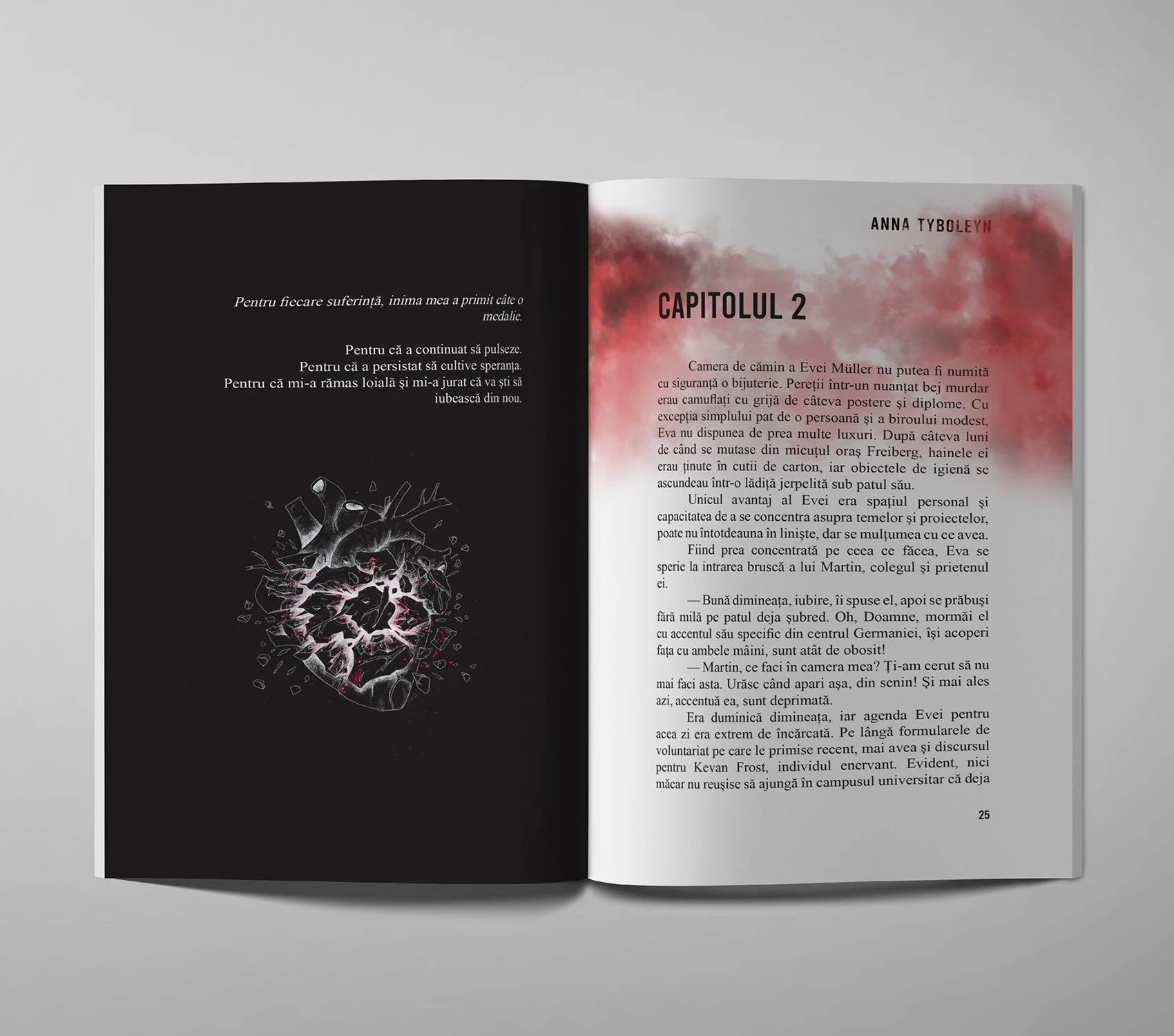 Open Romanian novel showing Chapter 2 text, a red-and-black smoky background, and a shattered anatomical heart illustration.