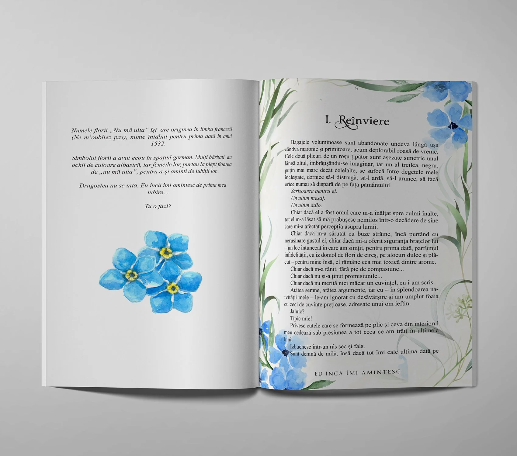 Open Romanian-language book with blue forget-me-not flower illustrations and floral borders