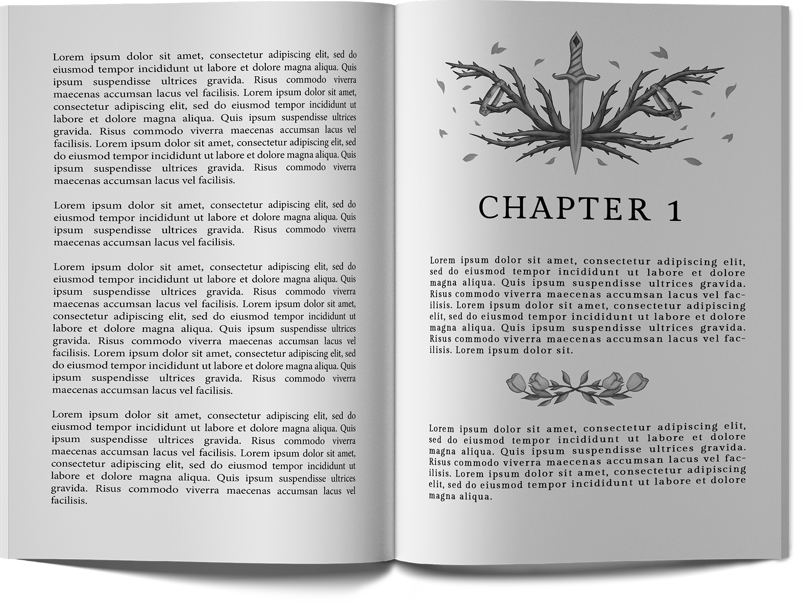 Open book displaying a Chapter 1 title page with a sword and antler-like branches illustration, floral ornament, and placeholder text.