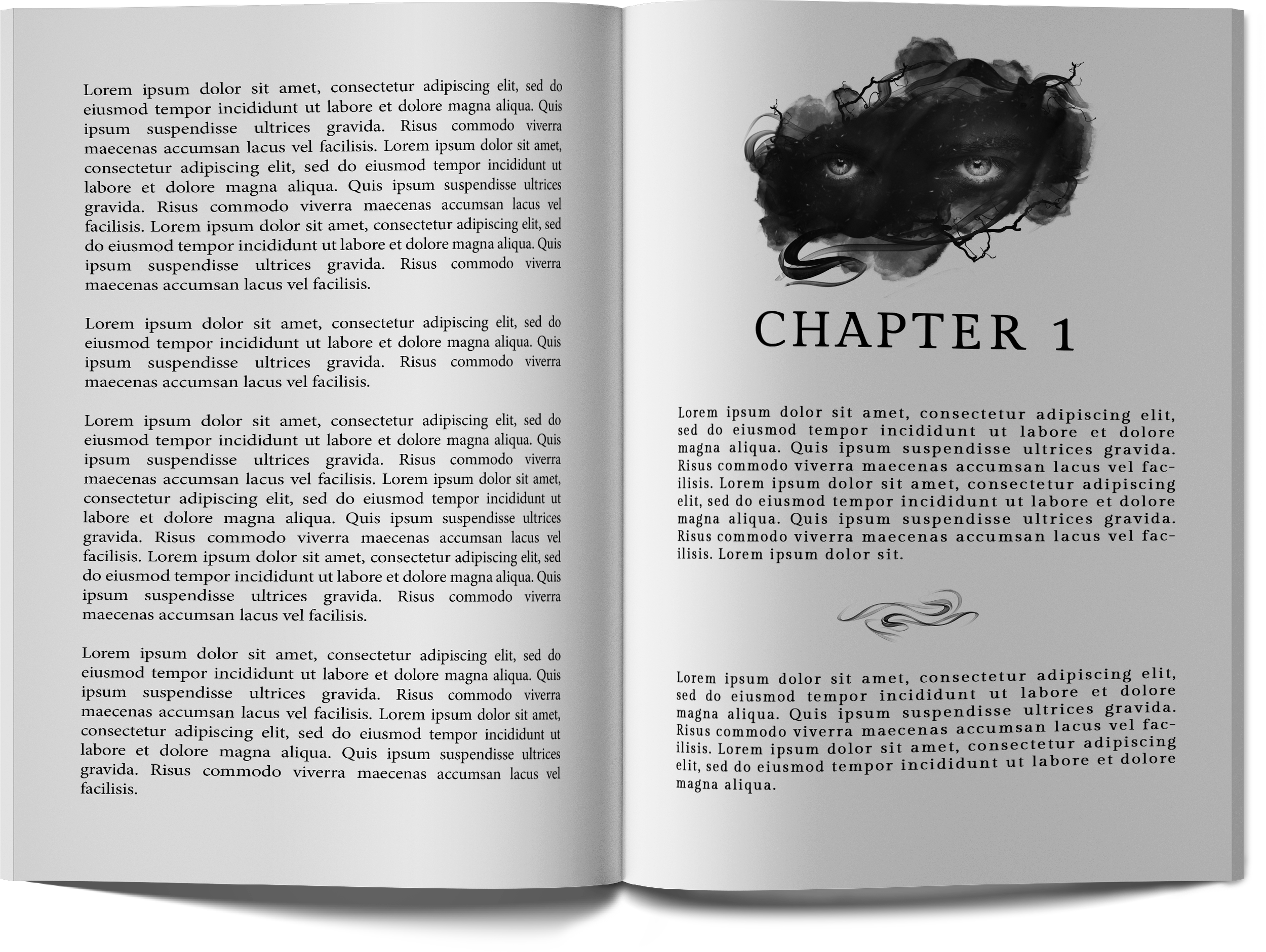 Open black-and-white book spread with Lorem ipsum text, an abstract ink illustration of eyes, and a large Chapter 1 title