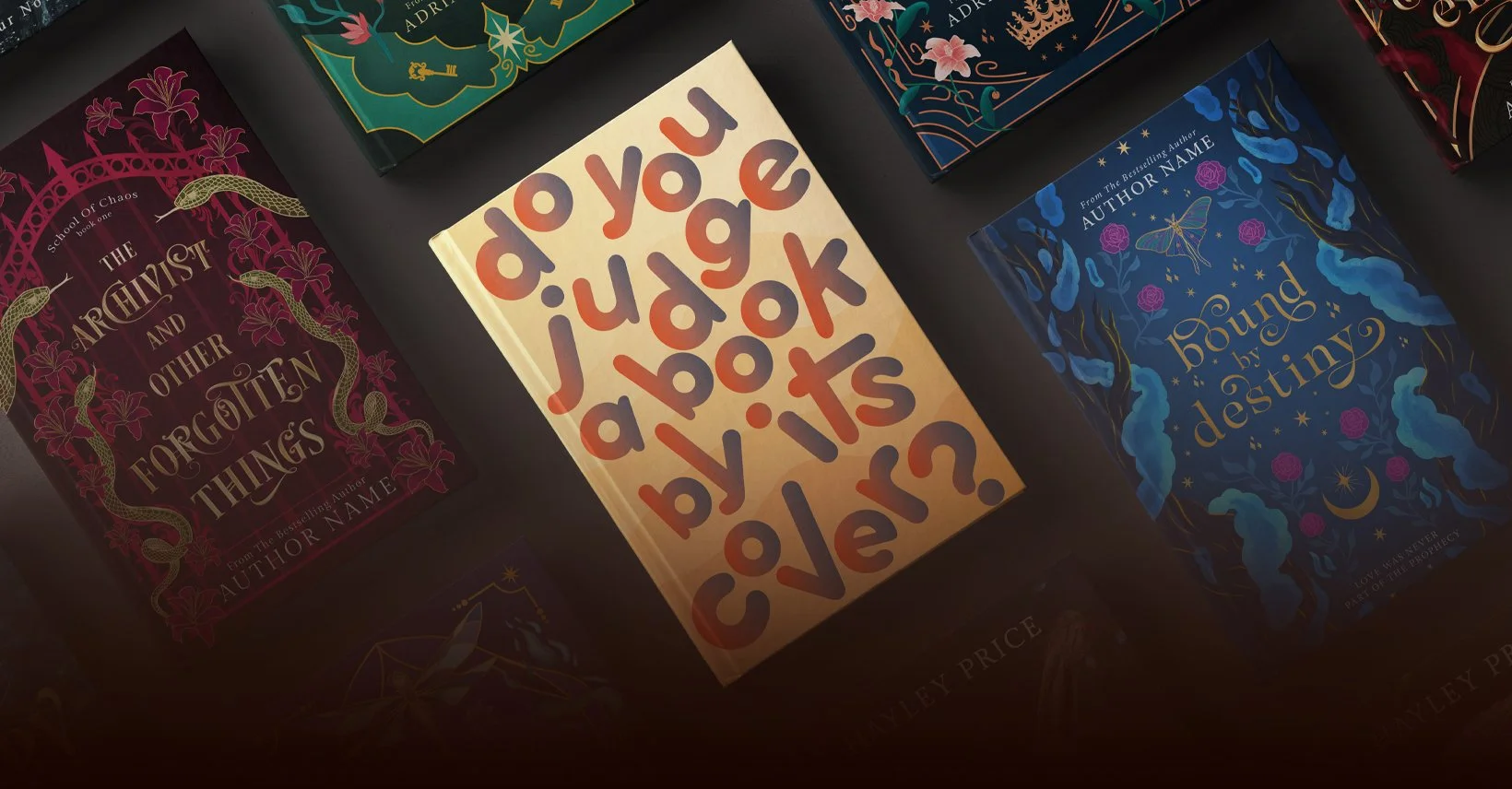 A dark, artistic arrangement of colorful fantasy novels, including books with ornate floral covers and titles such as The Book of Forgotten Things and The Foundling by Ann Leckie.