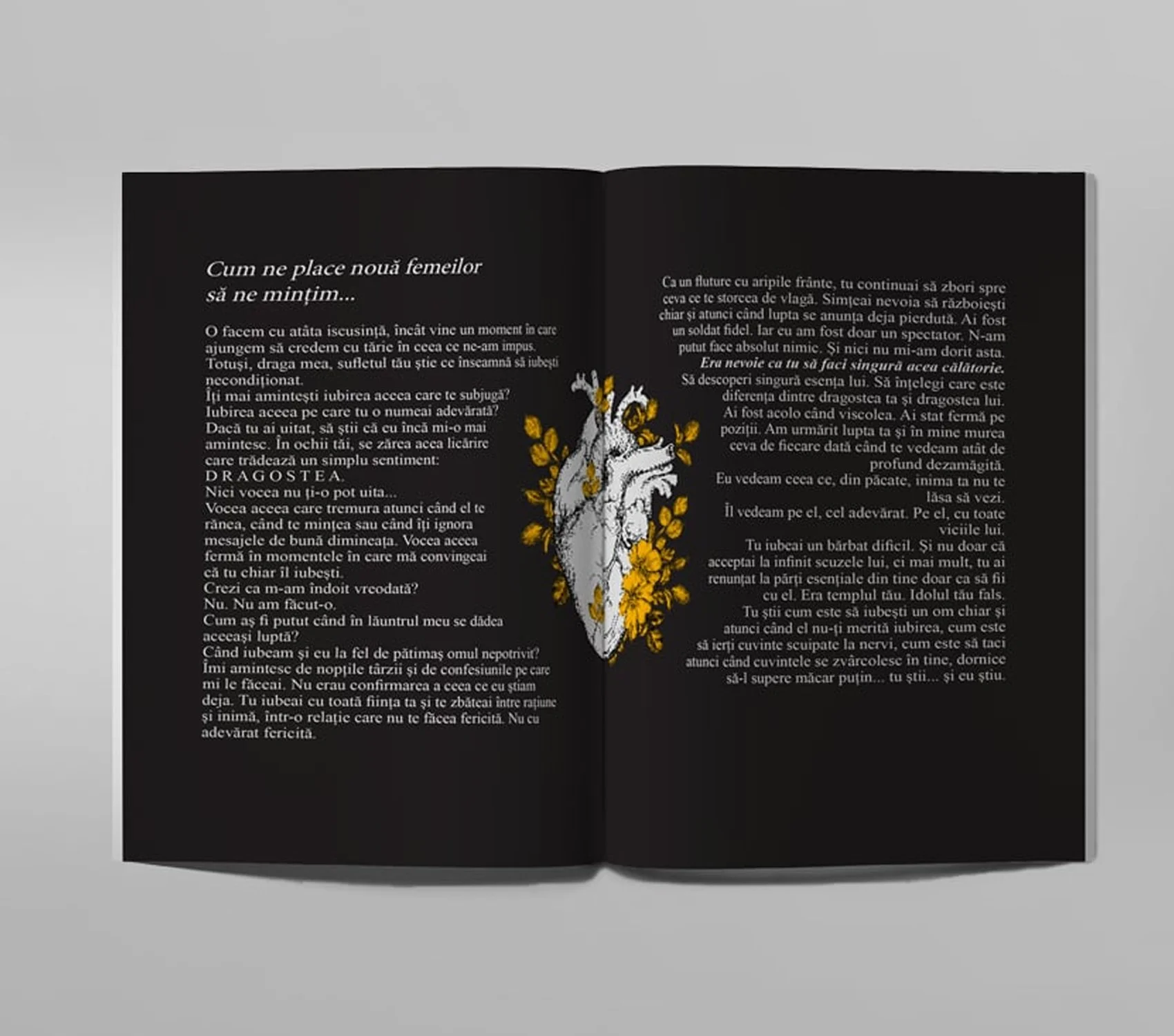 Open black book displaying Romanian text and a central illustration of a white anatomical heart surrounded by yellow flowers.
