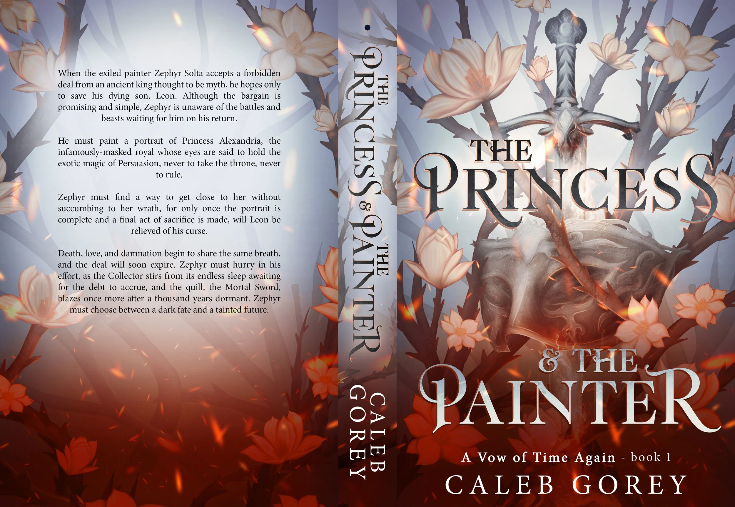Fantasy book cover for “The Princess & the Painter” by Caleb Gorey, featuring a masked skeletal figure surrounded by flowering branches and flames.