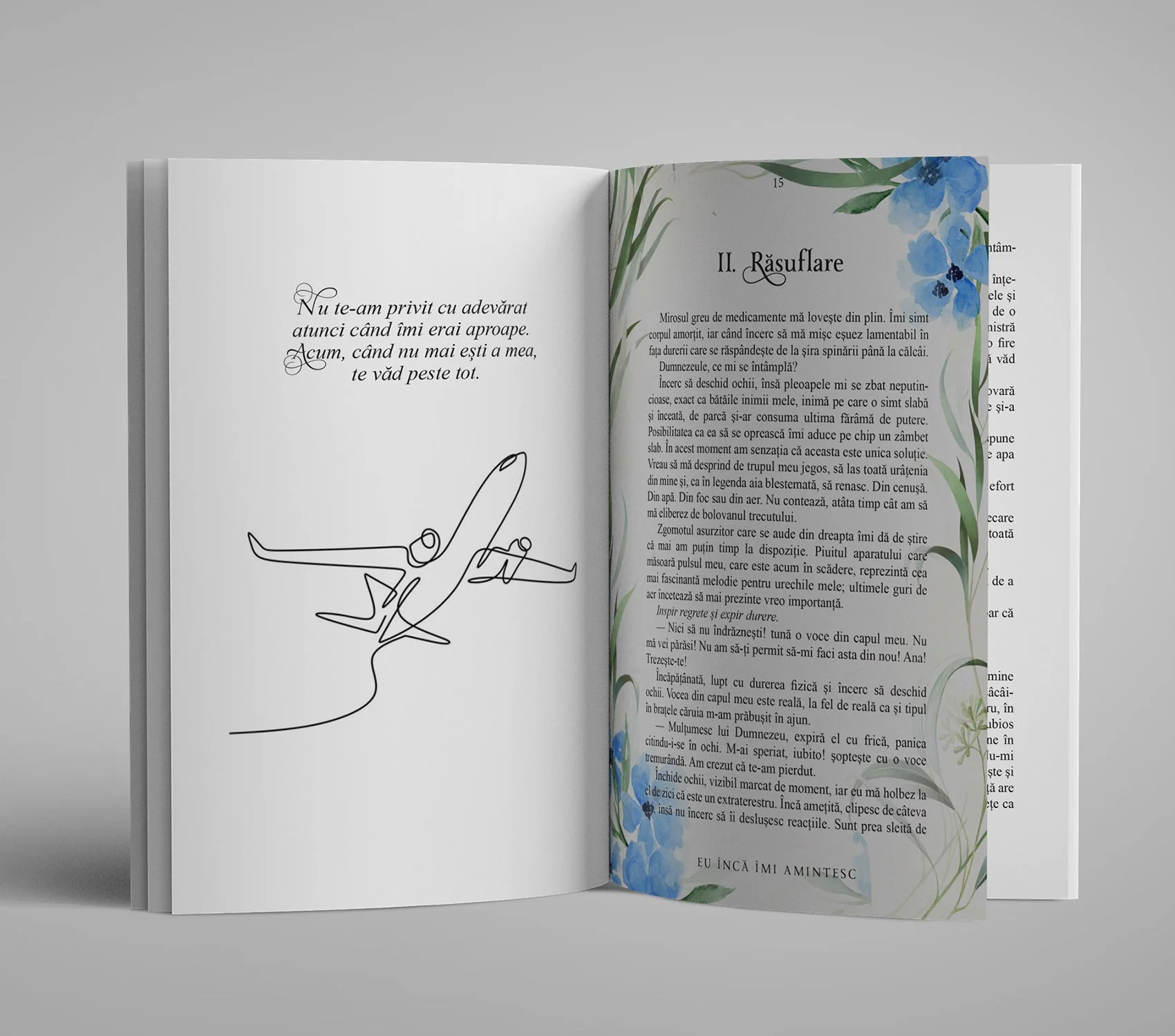 Open Romanian-language book featuring a handwritten-style airplane illustration, cursive quote, and floral-bordered chapter titled “II. Răsuflare.”