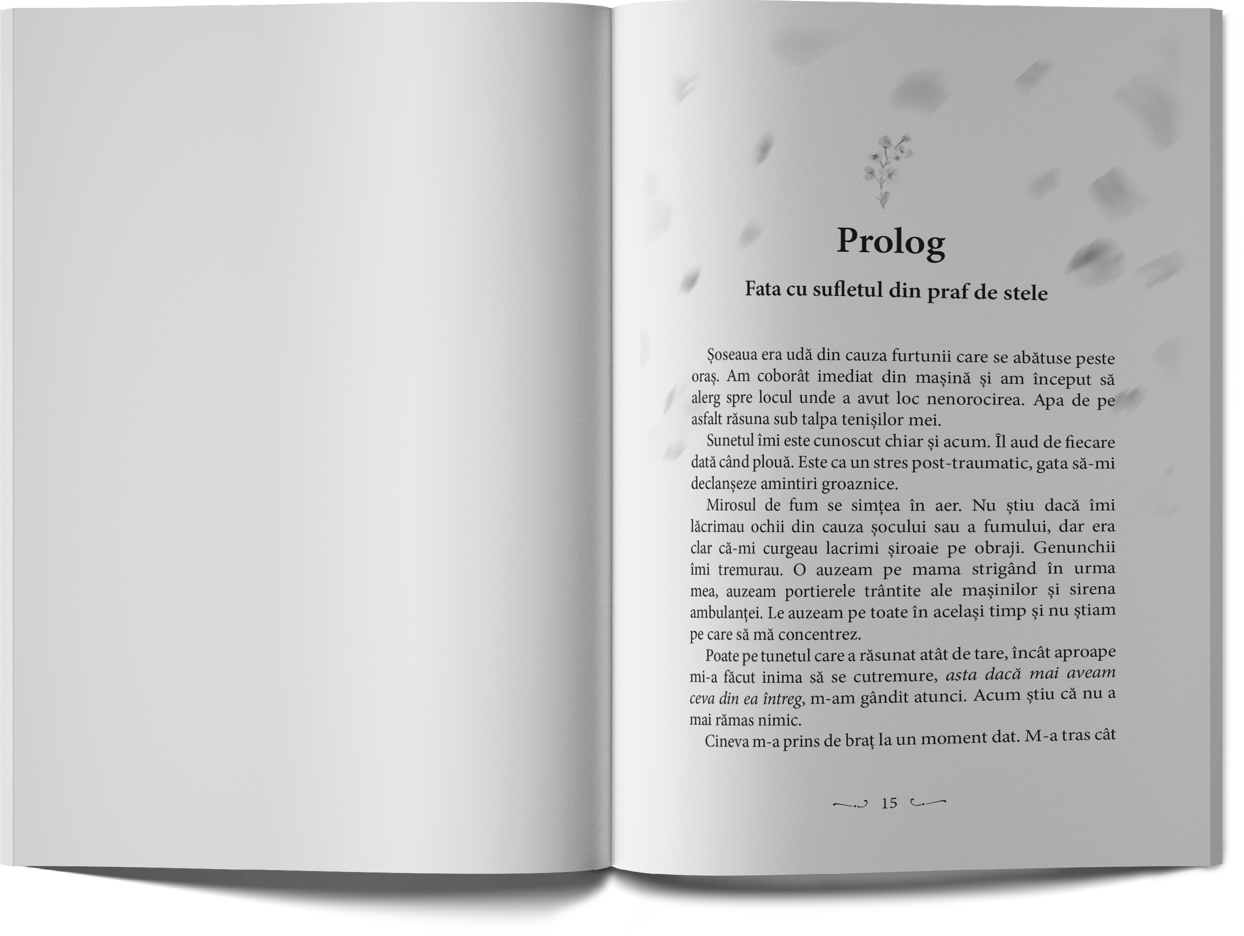 Open Romanian-language book showing a prologue page titled “Prolog,” with decorative floral artwork, text, and page number 15.