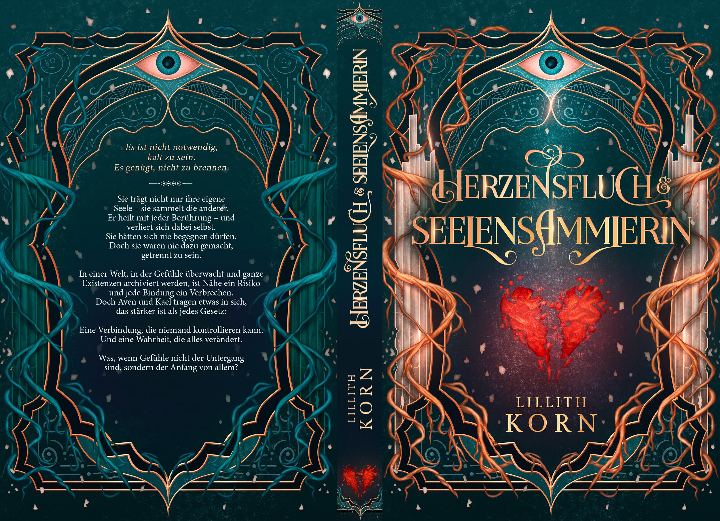 Ornate German fantasy novel cover spread titled "Herzensfluch & Seelenschmiedin," featuring a mystical eye, tangled vines, glowing red broken heart, and gothic teal-and-copper artwork.