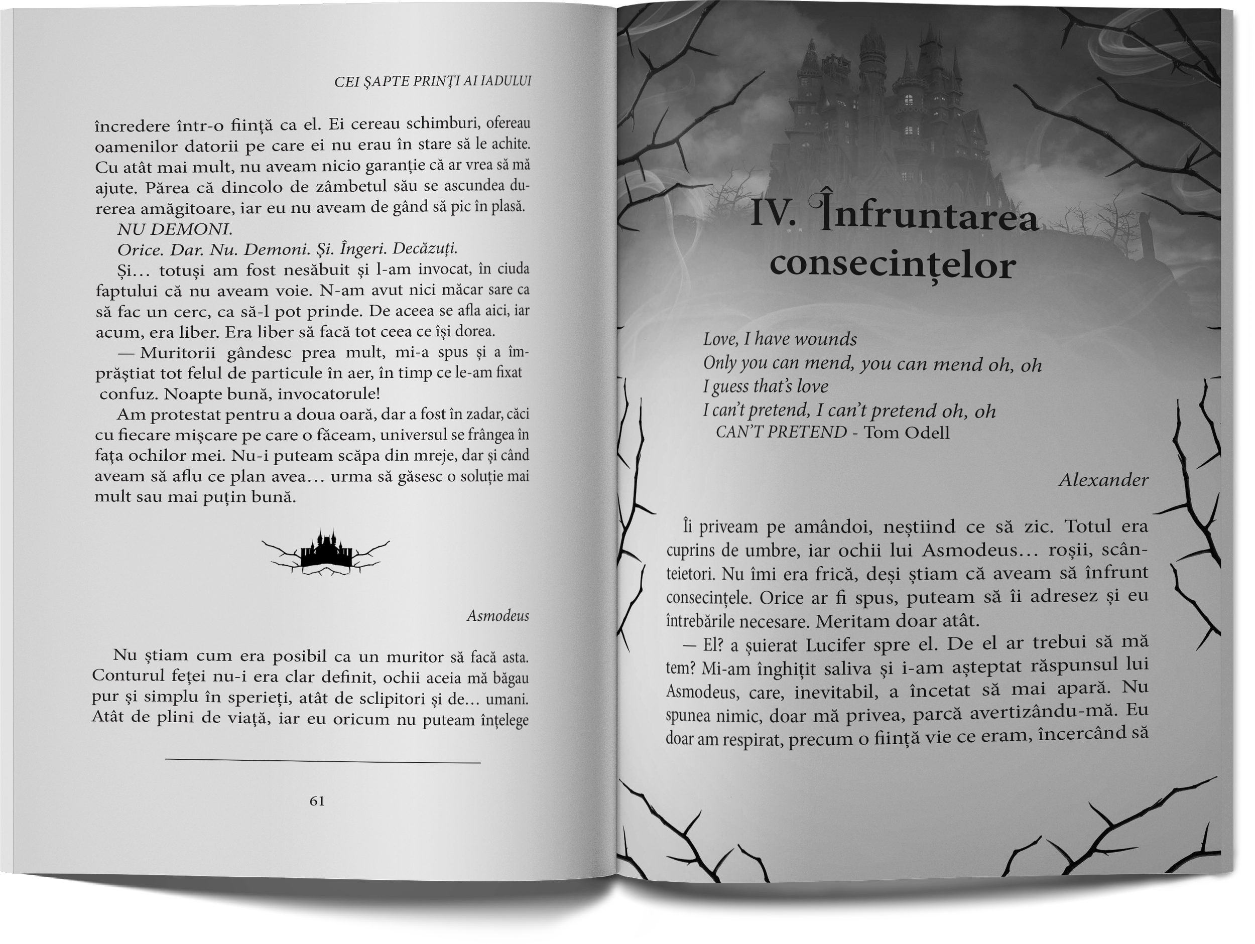 Open Romanian fantasy novel showing chapter 4, “Confruntarea consecințelor,” with a gothic castle illustration, thorny branches, and printed story text.