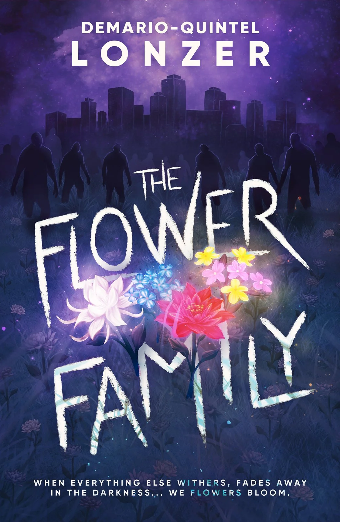 Fantasy book cover for Demario-Quintel Lonzer’s “The Flower Family,” featuring silhouetted figures approaching a purple-lit city beneath a starry sky and glowing colorful flowers.