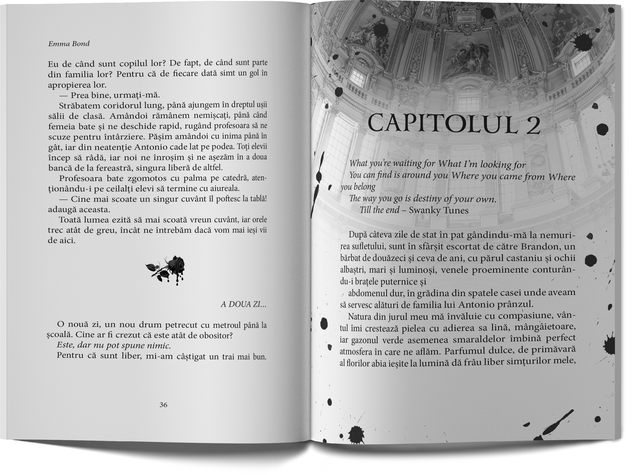 Open Romanian-language book showing page 36 and Chapter 2, with ornate domed ceiling artwork, a quote, and black ink-splatter design.