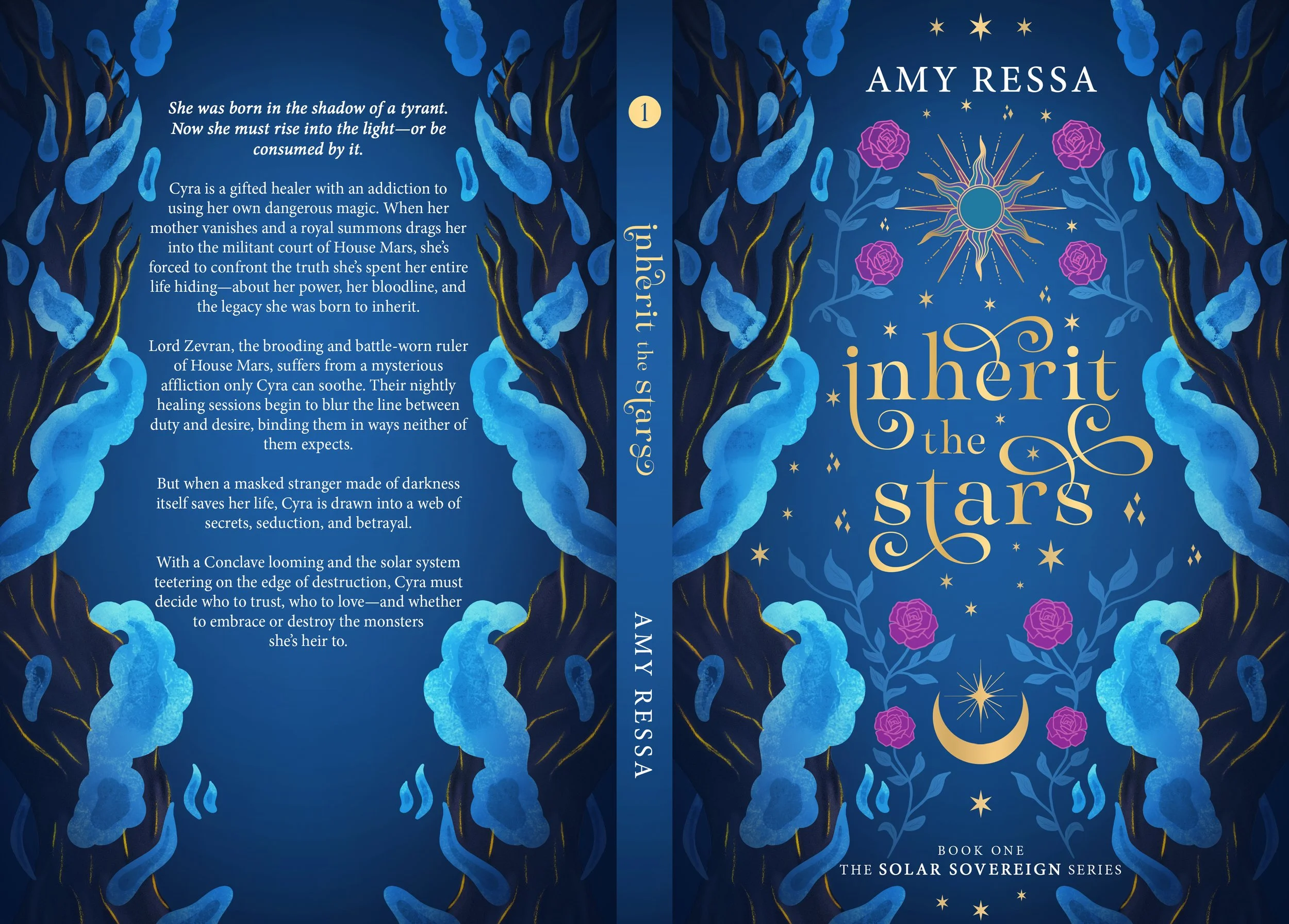 Illustrated fantasy book cover for Amy Ressa’s “Inherit the Stars,” featuring blue vines, pink roses, golden stars, and a radiant sun emblem.