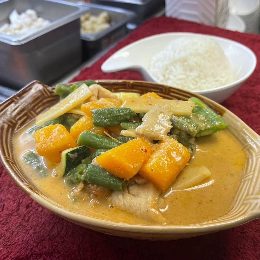 Plate of creamy curry with chicken and mixed vegetables, served with white rice