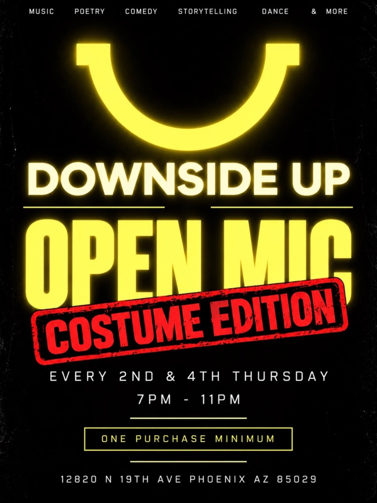 OPEN MIC: COSTUME EDITION 

This Week, we&rsquo;re bringing a little extra strange to the stage. In honor of the spooky season, we&rsquo;re once again playing dress up!
Costumes HIGHLY encouraged.👻

-Open stage, all forms of expression welcome
-7 PM