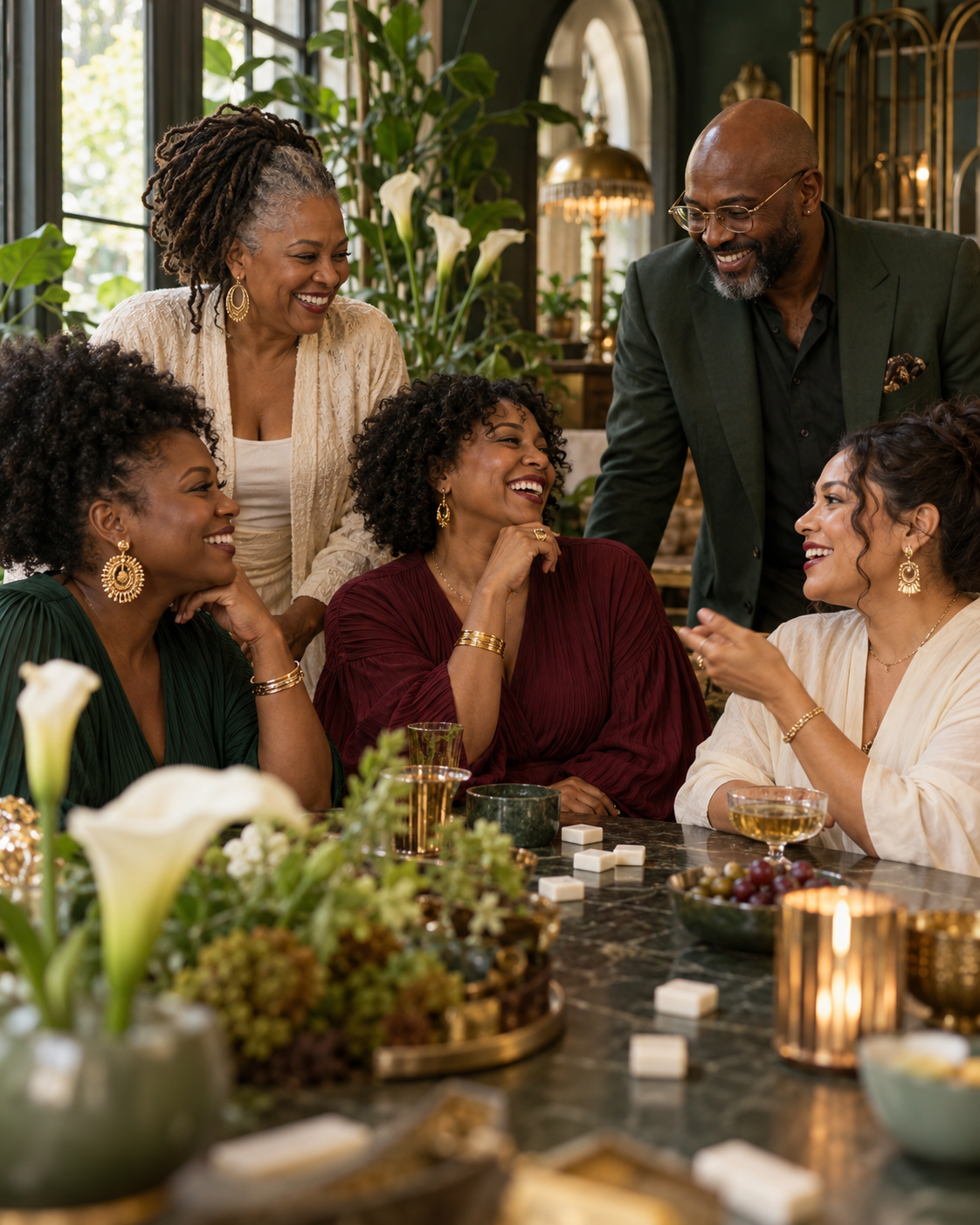 Friends connecting around a botanical table in a warm, welcoming gathering.