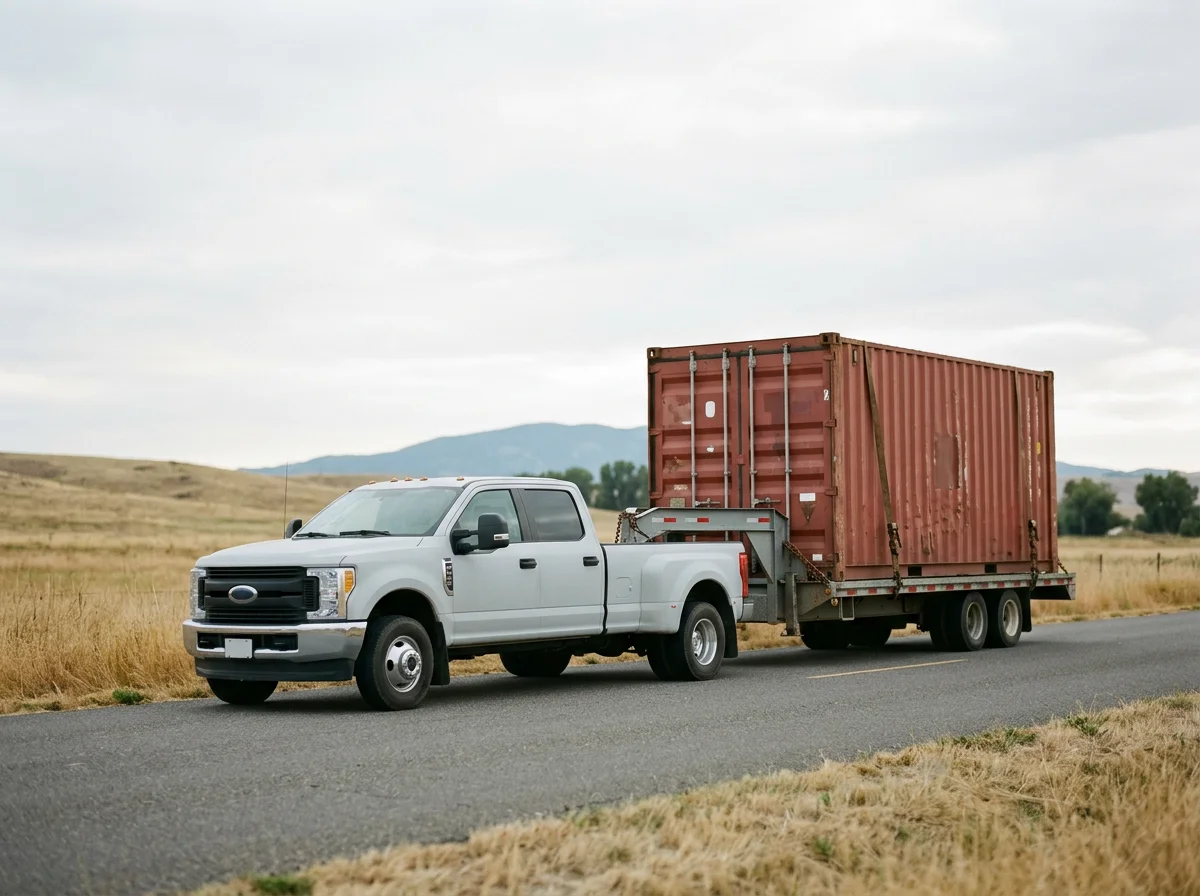 White Ford pickup truck towing a red shipping container trailer on a rural road