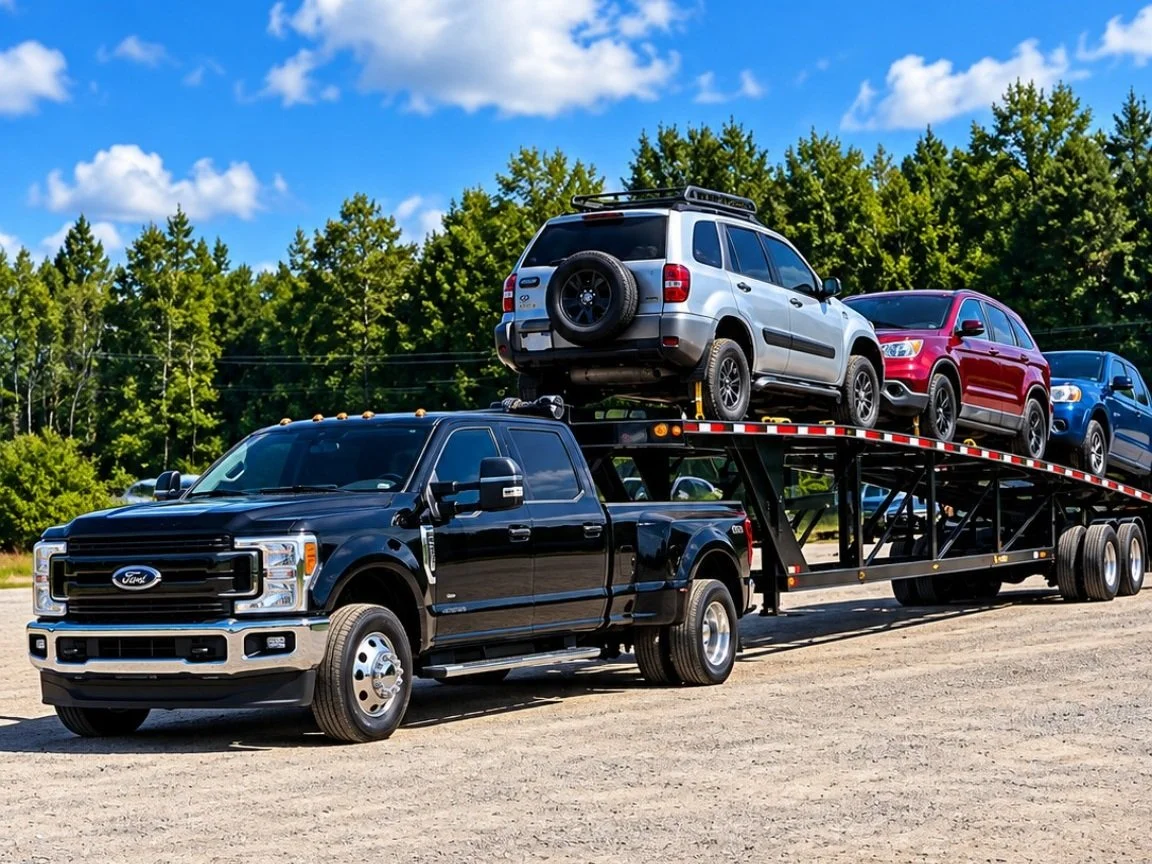 Black Ford pickup truck towing a double-decker car hauler loaded with three SUVs