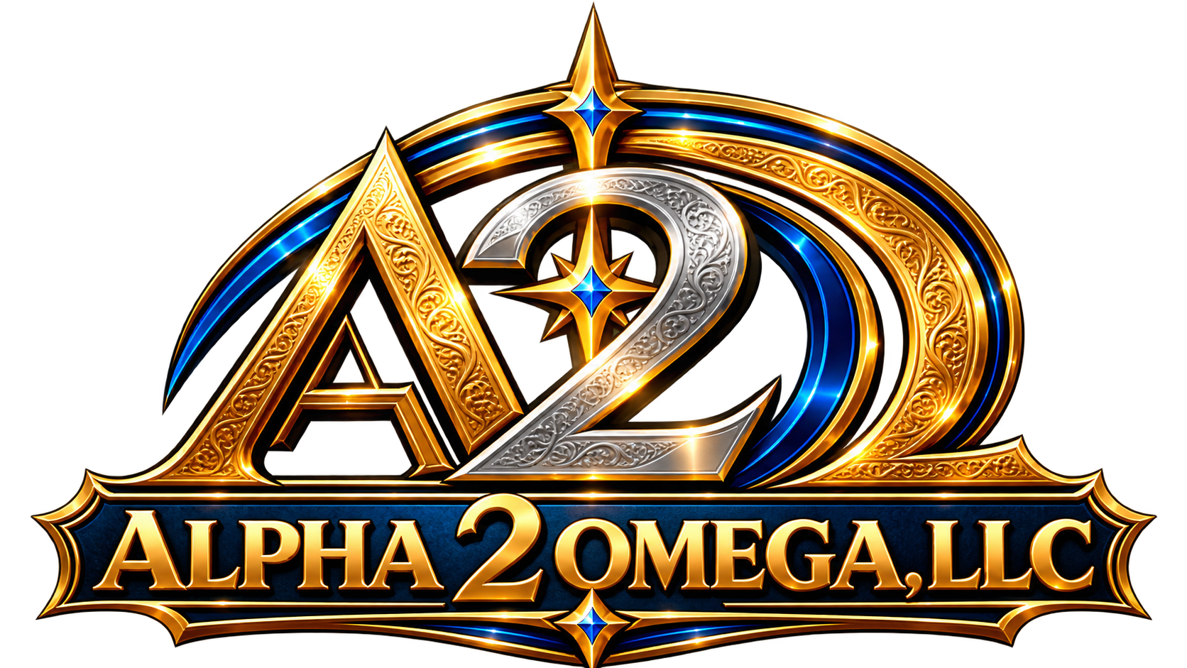 Ornate gold and blue Alpha 2 Omega, LLC logo with stylized A2O emblem