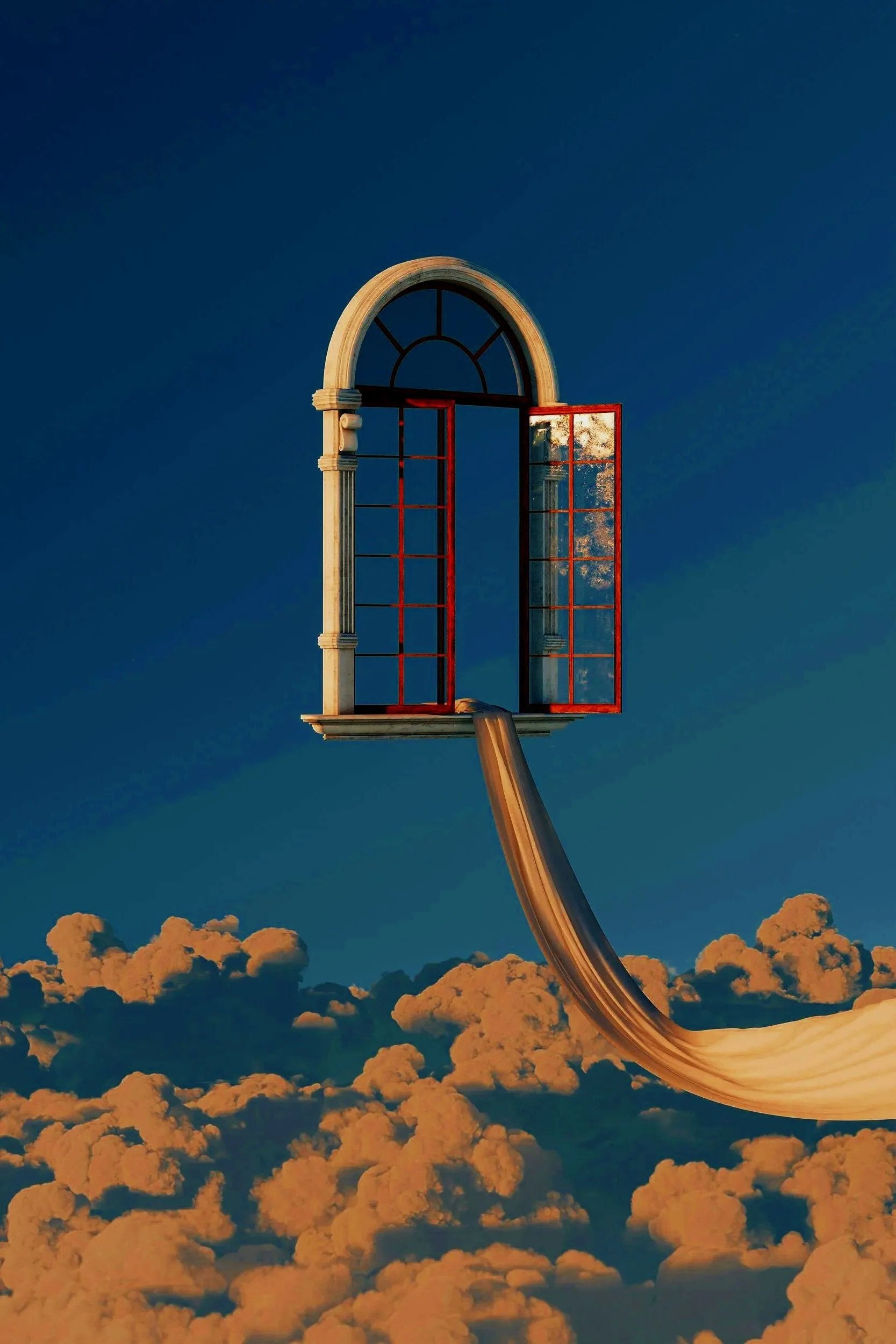 Surreal open arched window with ornate frame floating above orange clouds against a deep blue sky