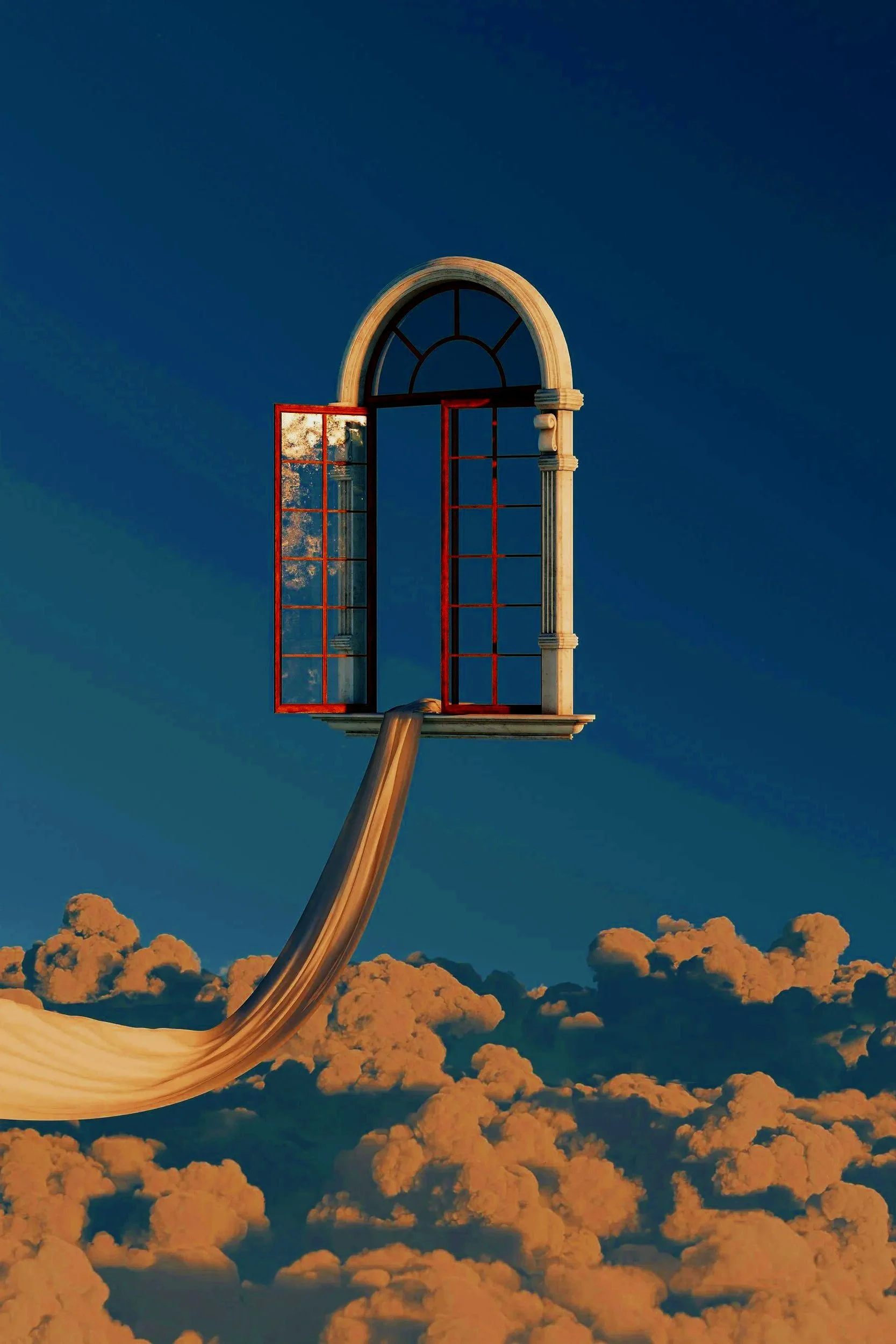 Surreal arched window floating above orange clouds, with a flowing golden curtain against a deep blue sky