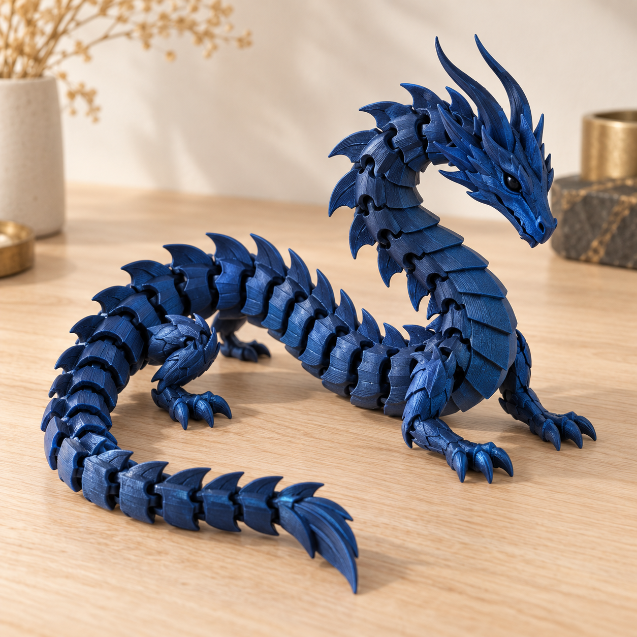 Articulated 3D-printed dragon concept. AI-generated illustrative product example.