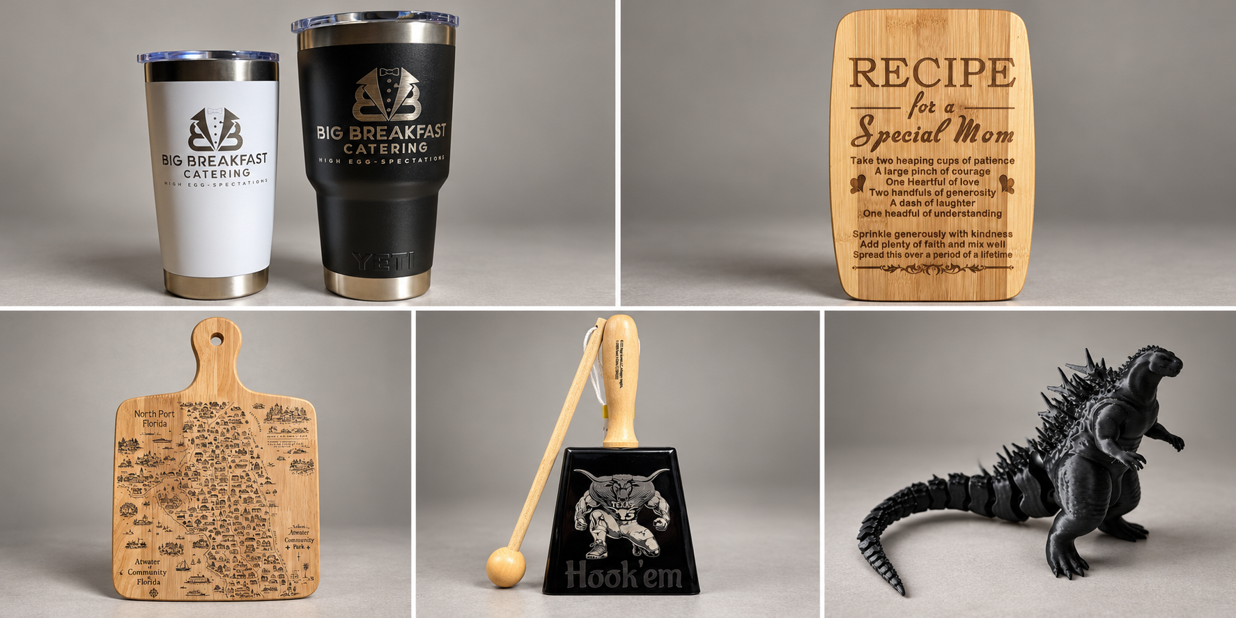 Collage of 3in1 Creations products: engraved tumblers, personalized boards, a cowbell and a 3D-printed figurine. AI-assisted photo composition.