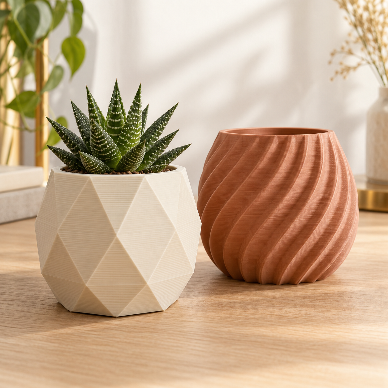 Geometric and spiral 3D-printed planter concepts. AI-generated illustrative product examples.