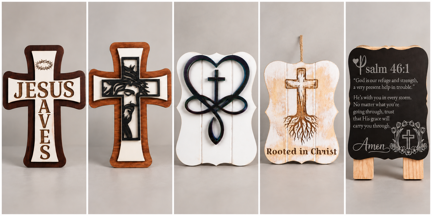Collage of faith-inspired 3in1 Creations crosses and engraved scripture plaques. AI-assisted photo composition.