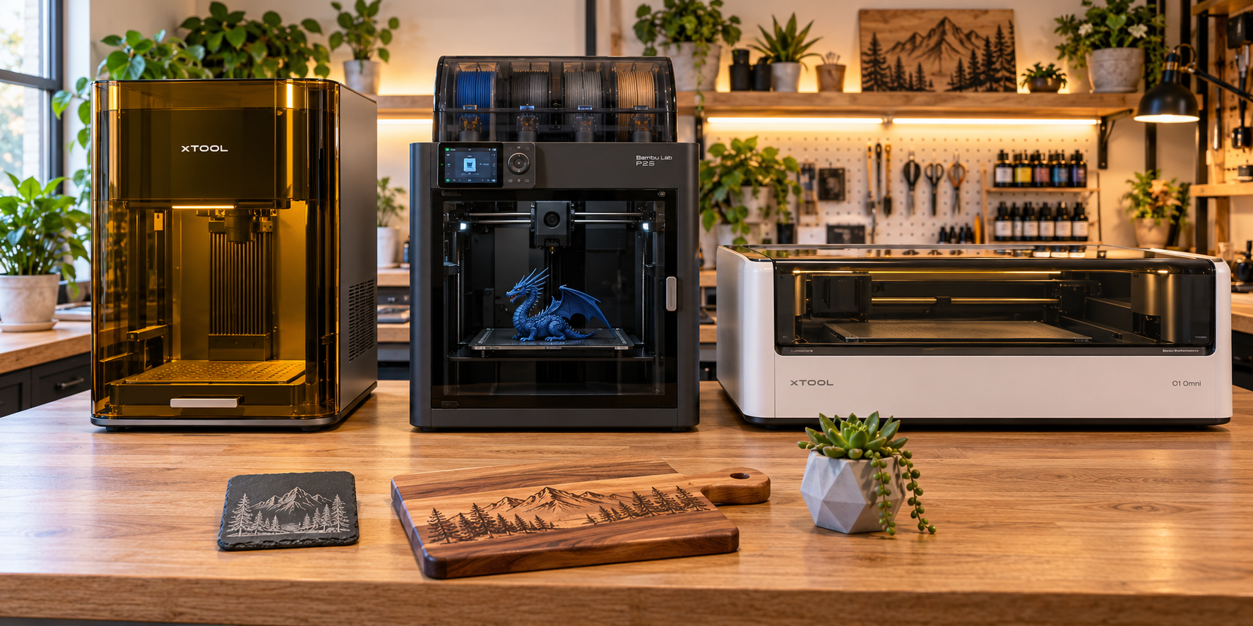 AI-generated workshop illustration featuring an xTool laser engraver, Bambu Lab P2S 3D printer, and xTool O1 Omni UV printer.