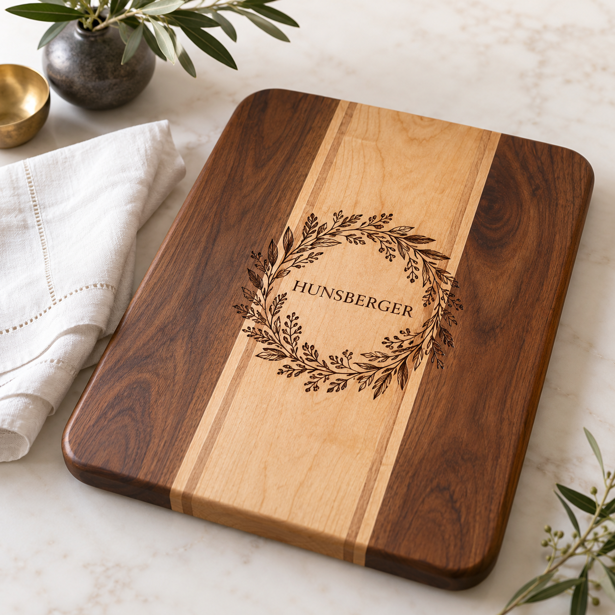 Personalized wooden cutting board concept. AI-generated illustrative sample, not a photograph of a completed customer order.