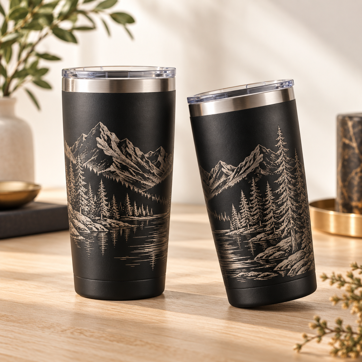 Laser-engraved stainless steel tumbler concept. AI-generated illustrative sample, not a photograph of a completed customer order.