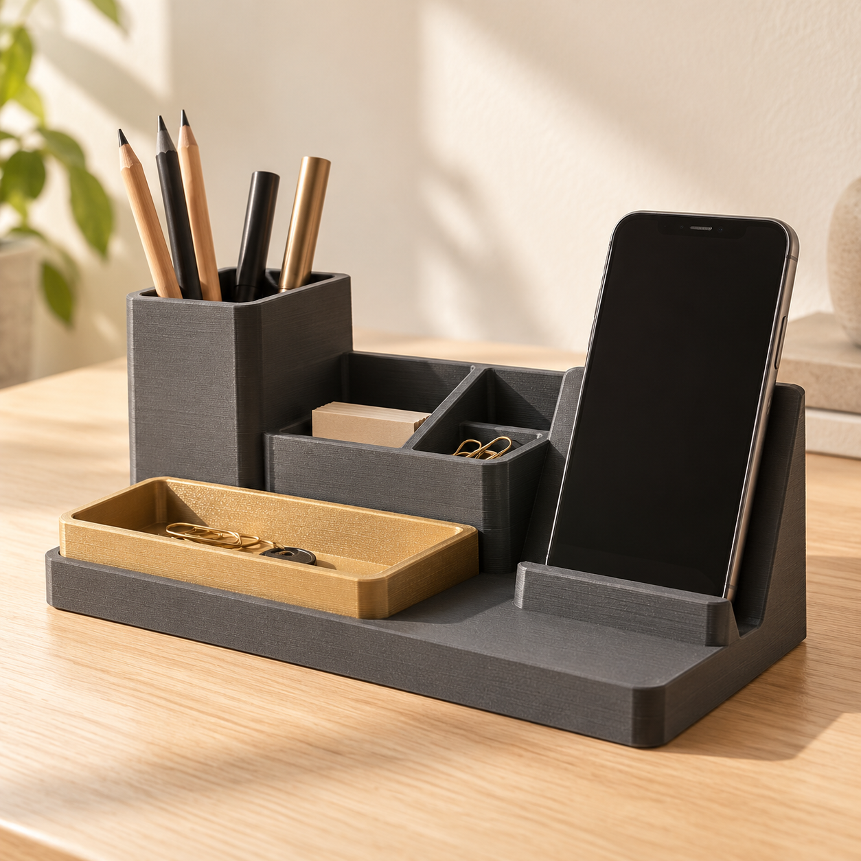 3D-printed modular desk organizer concept. AI-generated illustrative product example.