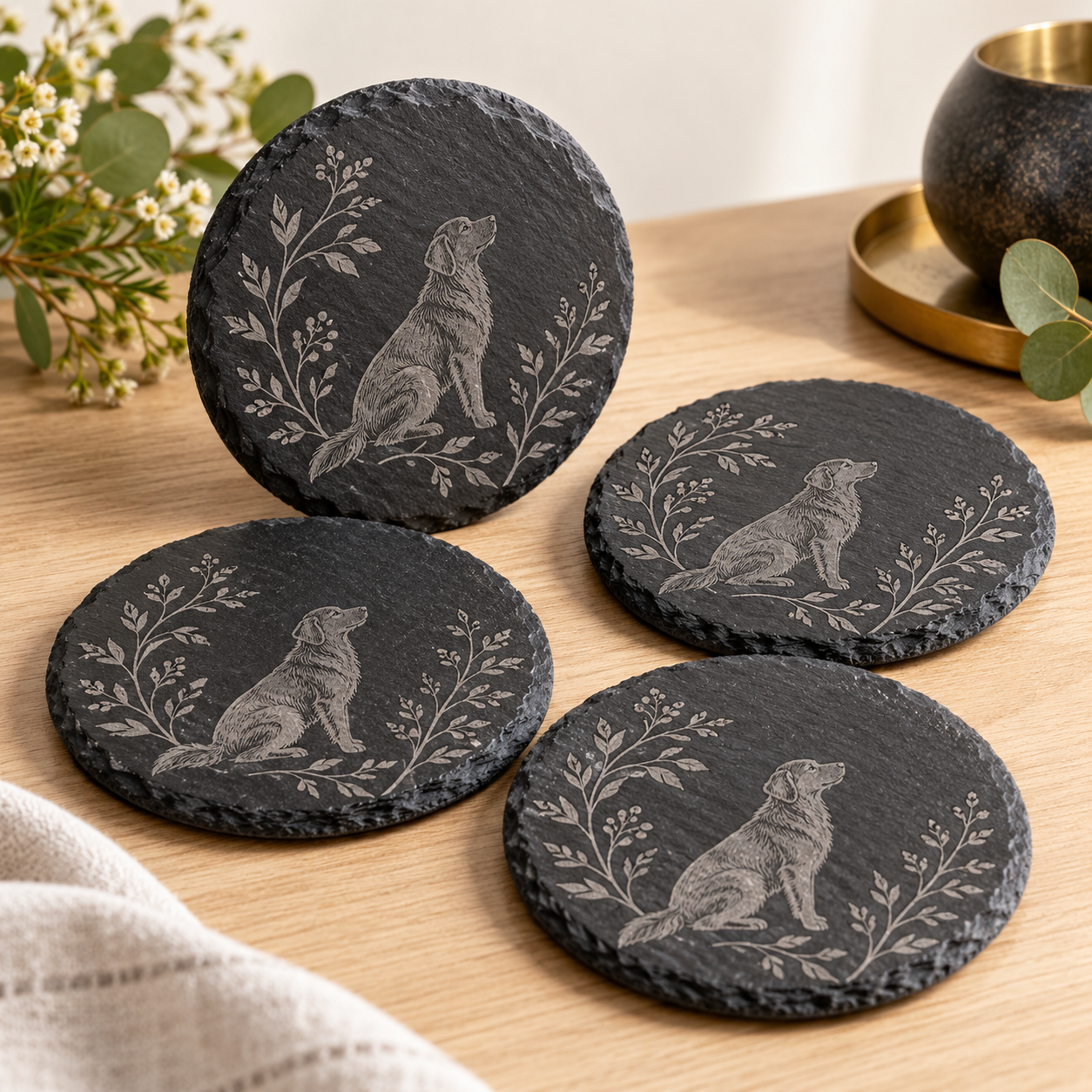 Laser-engraved slate coaster concept. AI-generated illustrative sample, not a photograph of a completed customer order.