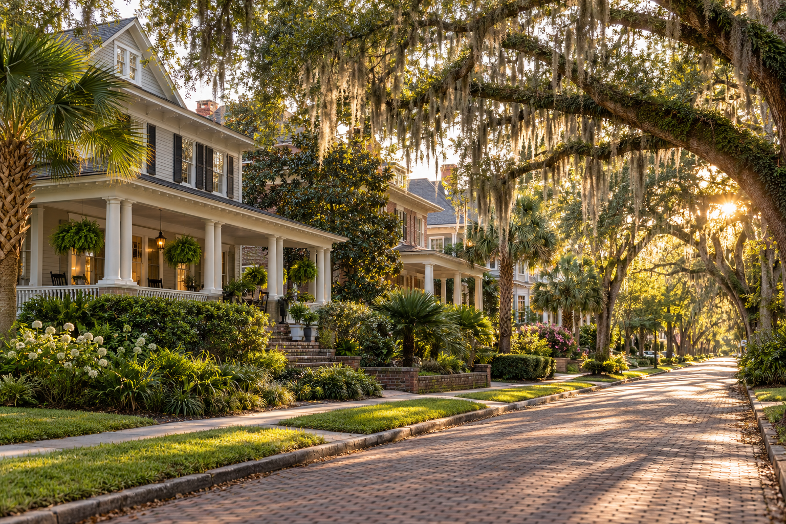 Tree-lined historic homes in Jacksonville’s Riverside and Avondale neighborhoods beneath live oaks draped with Spanish moss.