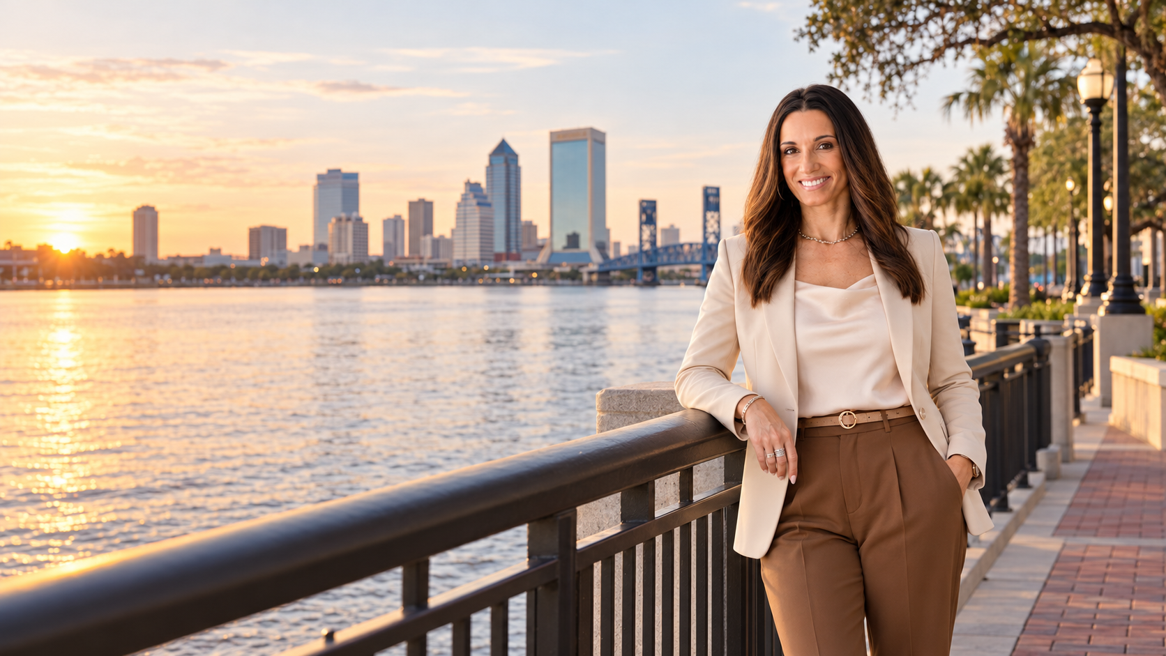 Tiara Bolton on the Jacksonville Riverwalk beside the St. Johns River and downtown skyline at sunset.