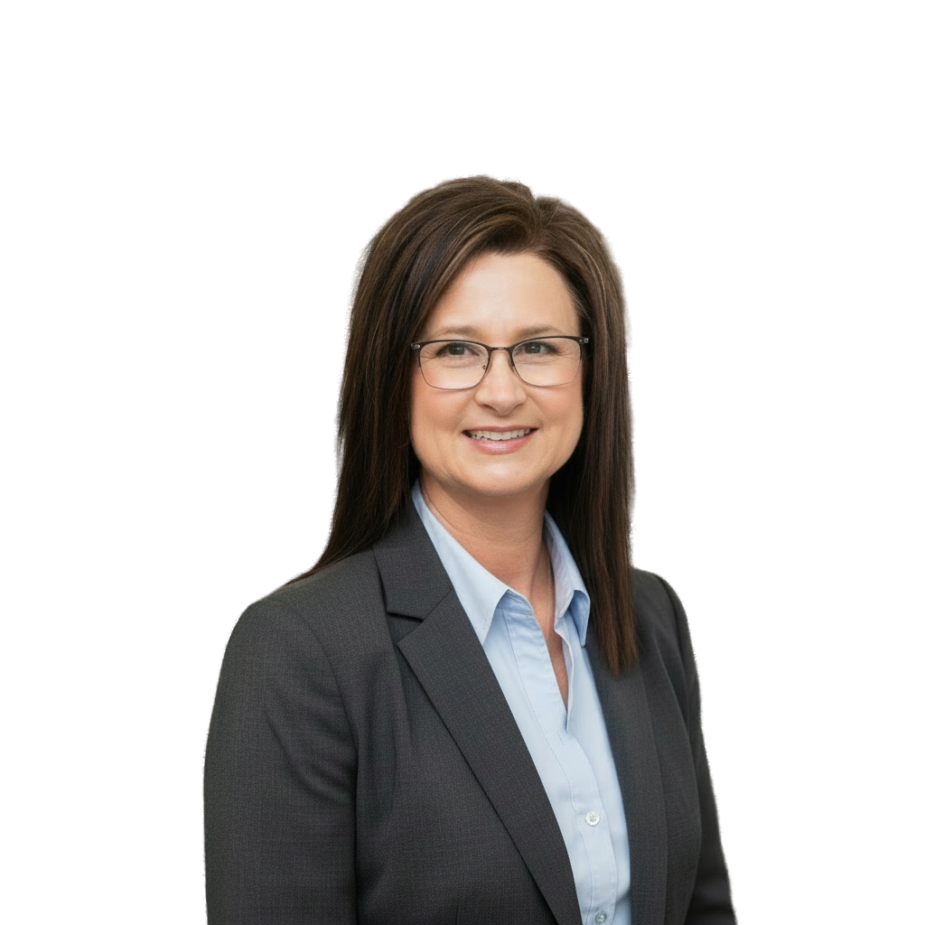 Professional woman wearing glasses, a dark blazer, and light blue shirt
