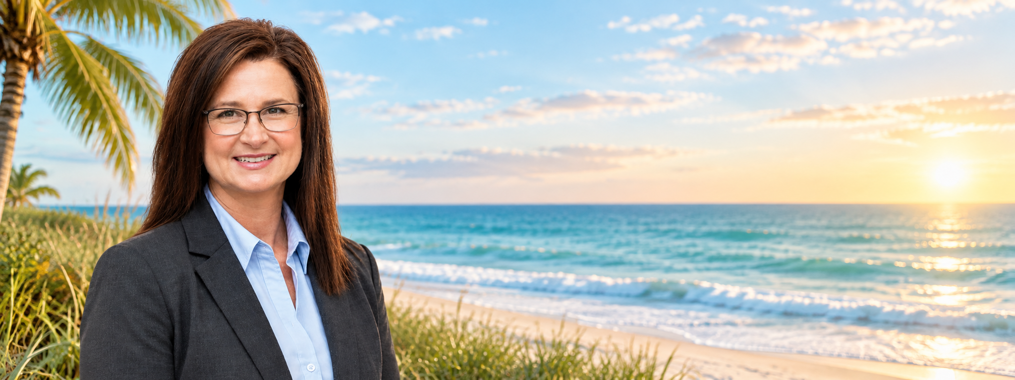 Professional woman in glasses and business attire standing on a tropical beach at sunset