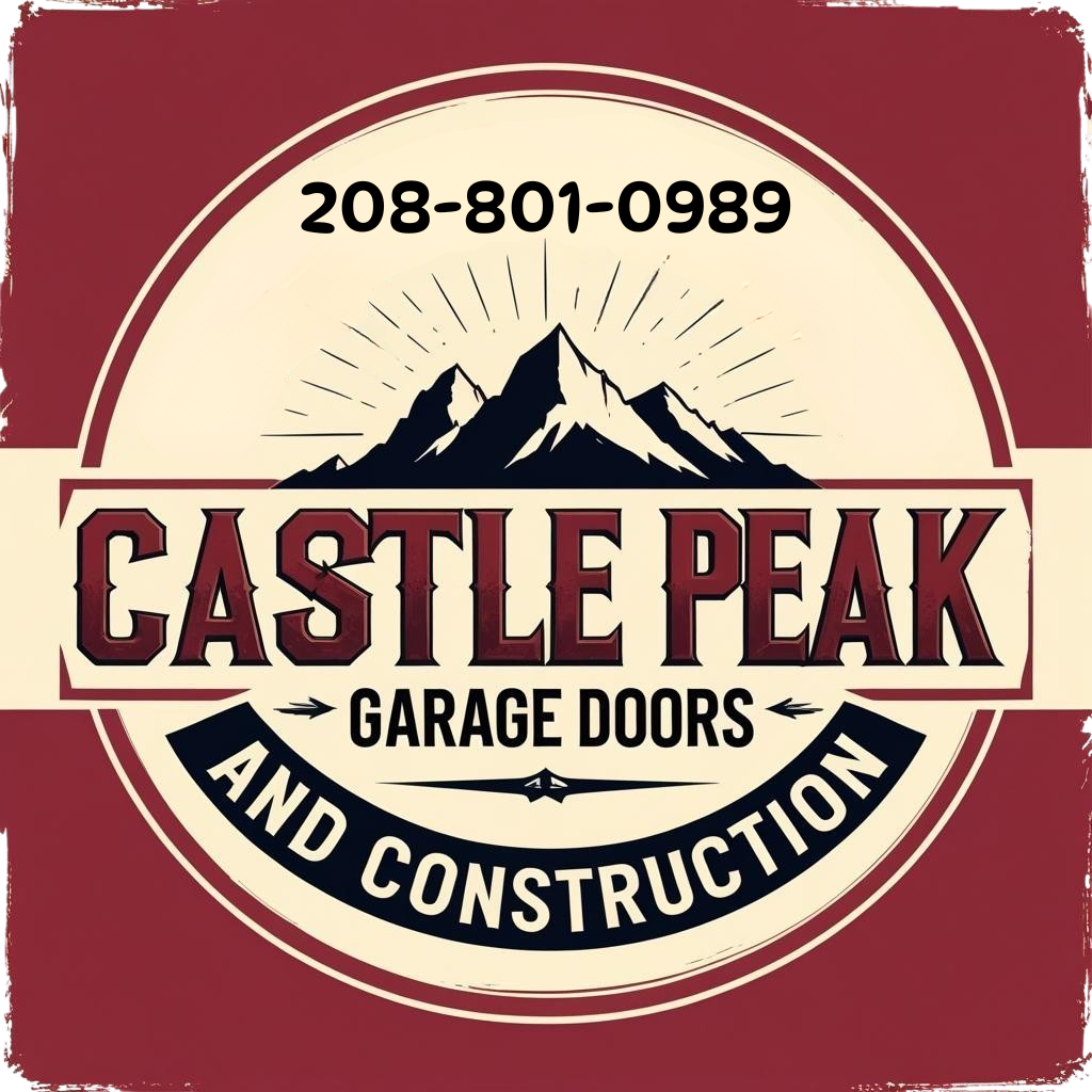 Castle Peak Garage Doors and Construction logo with mountain graphic and phone number 208-801-0989