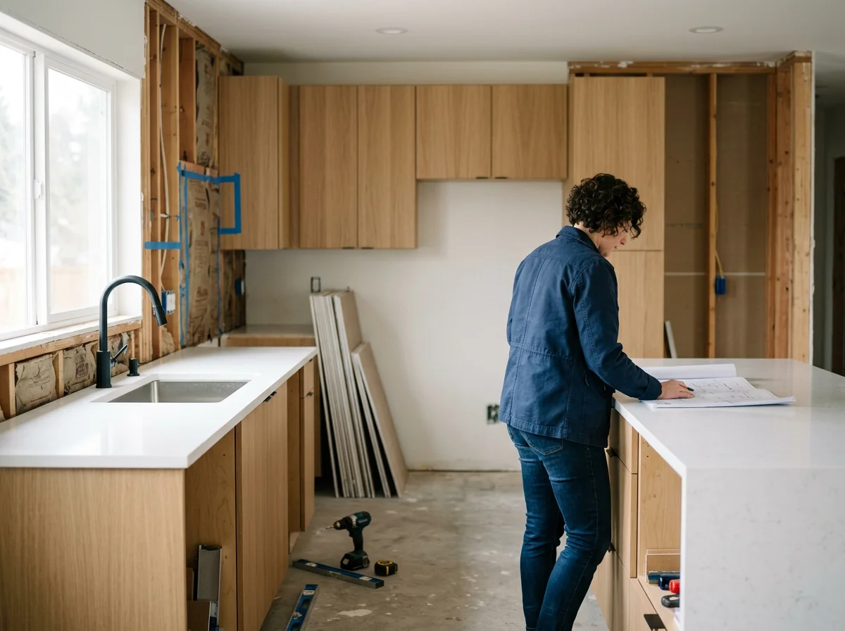 Person reviewing kitchen renovation plans in a partially remodeled kitchen with unfinished walls and new wood cabinets