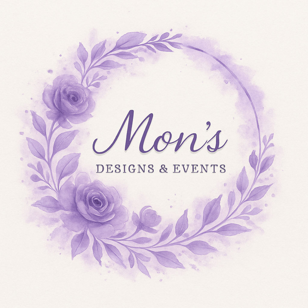Lavender watercolor floral wreath logo with the text “Mon’s Designs & Events”