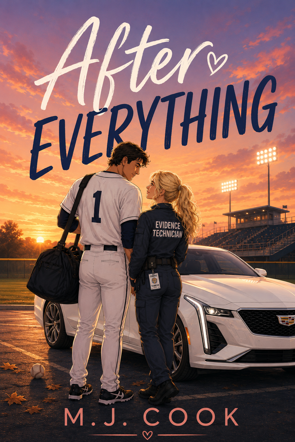 Romance book cover reading “After Everything” by M.J. Cook, featuring a baseball player and evidence technician beside a white Cadillac at a sunset stadium.