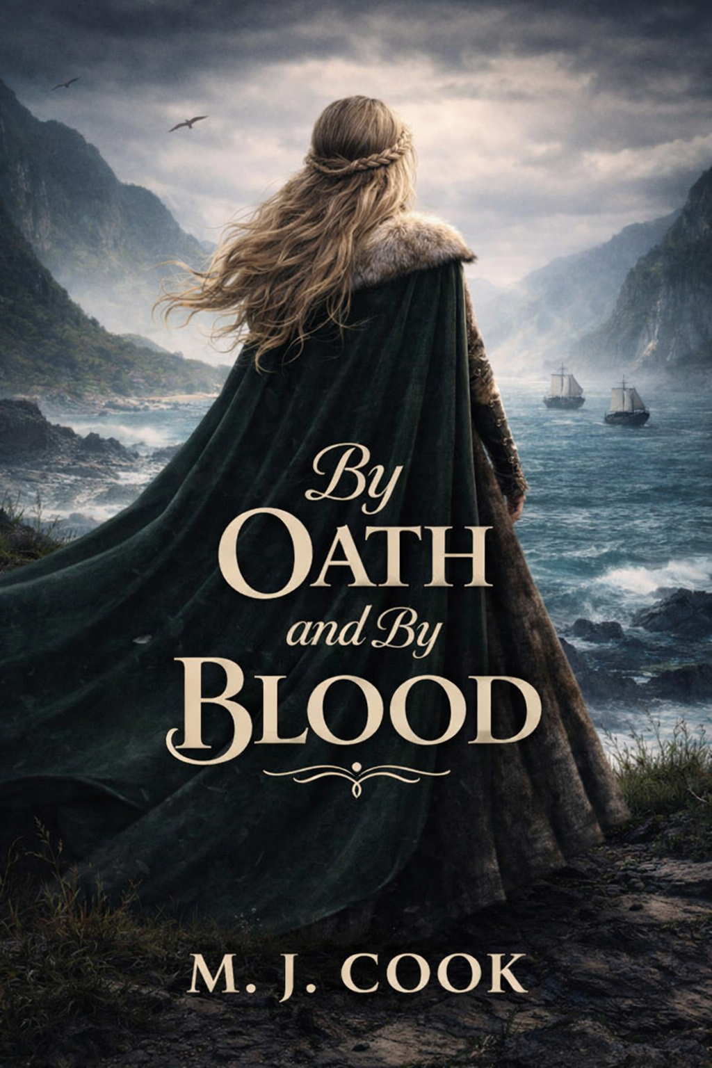 Book cover for “By Oath and By Blood” by M. J. Cook, featuring a cloaked woman overlooking a mountainous coastline with sailing ships.