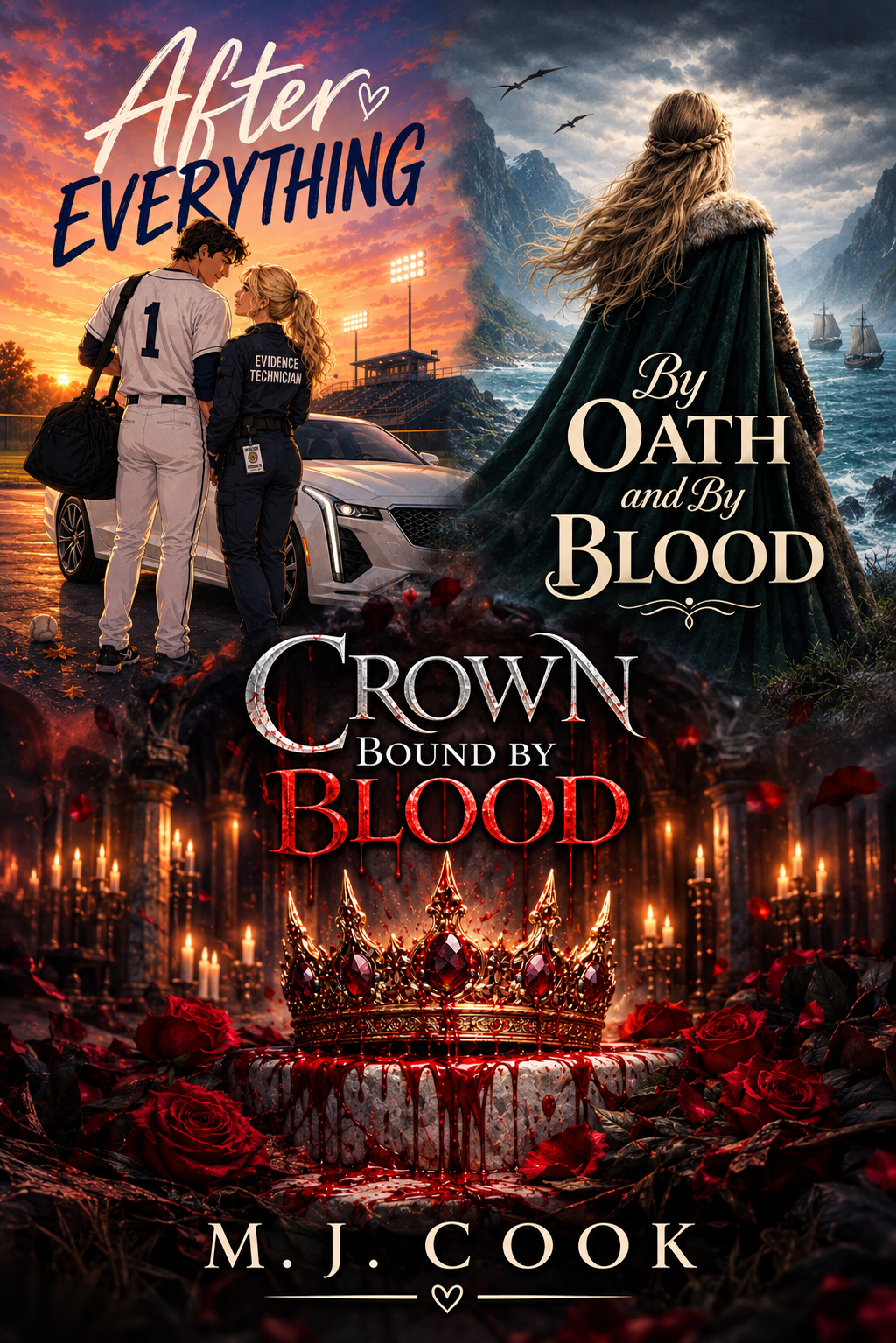 Romantic suspense book cover for Crown Bound by Blood by M. J. Cook, featuring a baseball player and evidence technician, a mysterious cloaked woman, a blood-stained crown, and red roses.